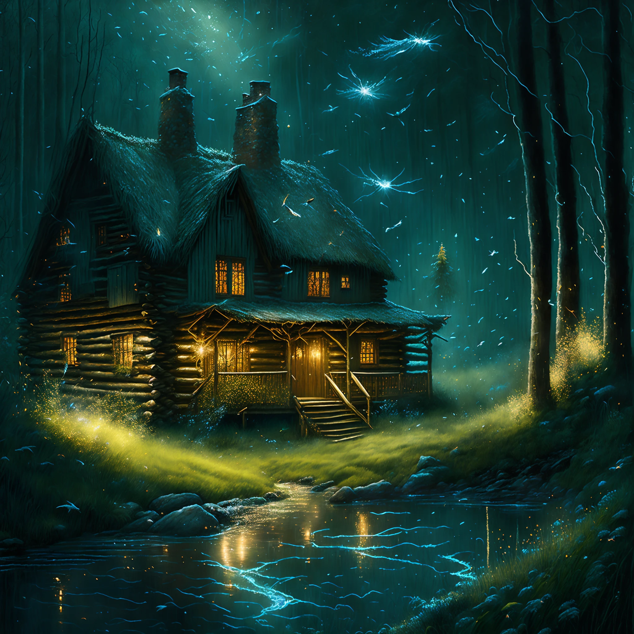 ((Stunning artwork)), best quality, ultra-detailed, (((peaceful cabin))), fragrant smoke rising, fireflies dancing in the grass, (((children))) chasing after them with nets, (((clear stream))) filled with the day's catch, surrounded by the mysterious forest's darkness and beauty.