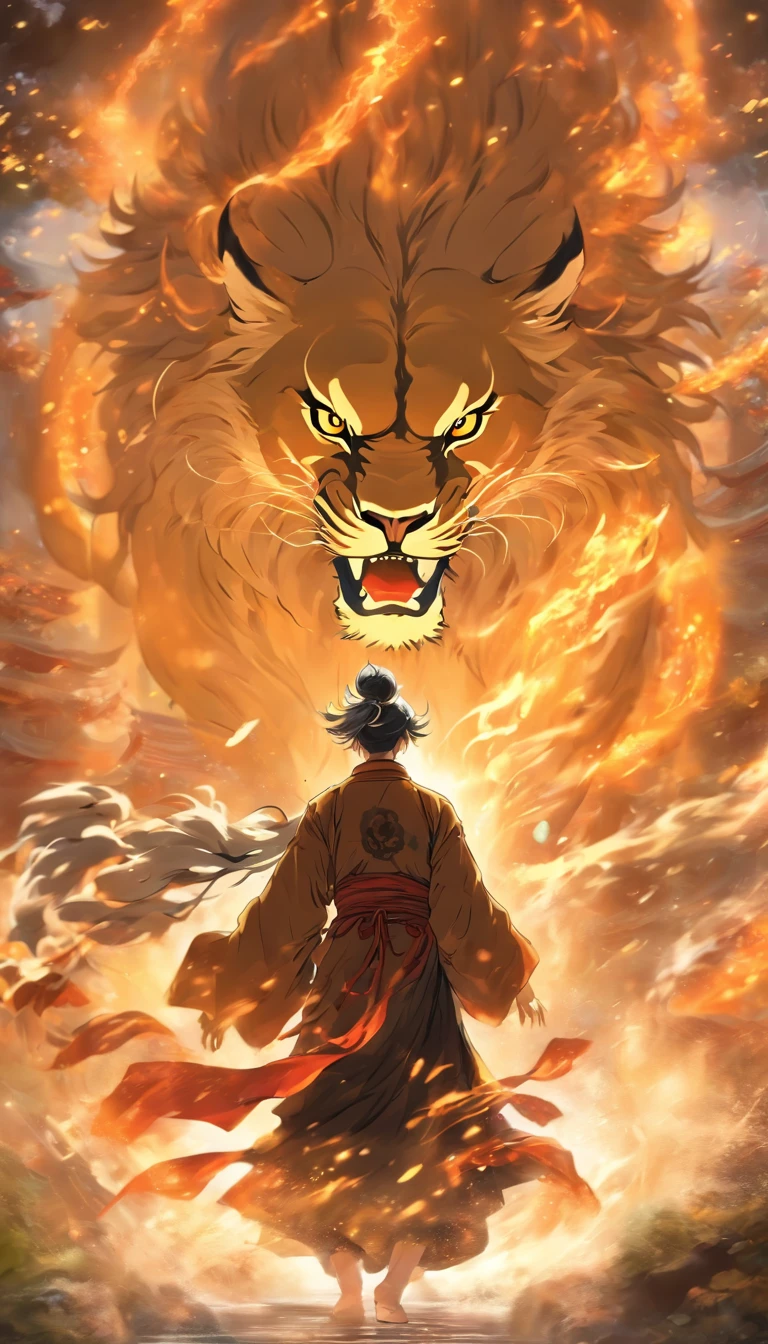 china style,中景 the scene is,The Taoist monk stood in front of a huge transparent lion,reaching out her hands,Long messy hair,glow effect,Hyper-realistic,Ultra photo realsisim,Chinese black and white ink style,Silver,decolorization,Smudge,inky,8K,super-fine,high quarity,OC Renderer