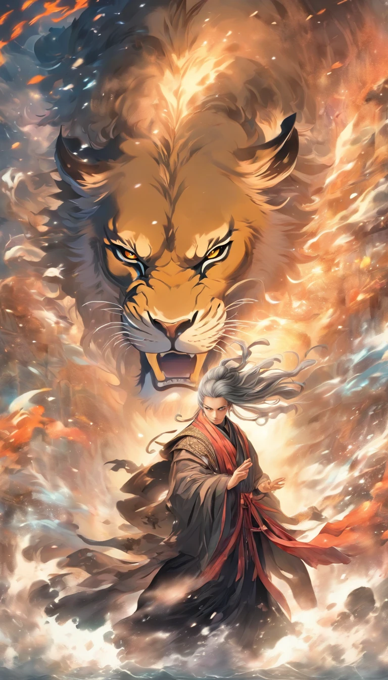 china style,中景 the scene is,The Taoist monk stood in front of a huge transparent lion,reaching out her hands,Long messy hair,glow effect,Hyper-realistic,Ultra photo realsisim,Chinese black and white ink style,Silver,decolorization,Smudge,inky,8K,super-fine,high quarity,OC Renderer