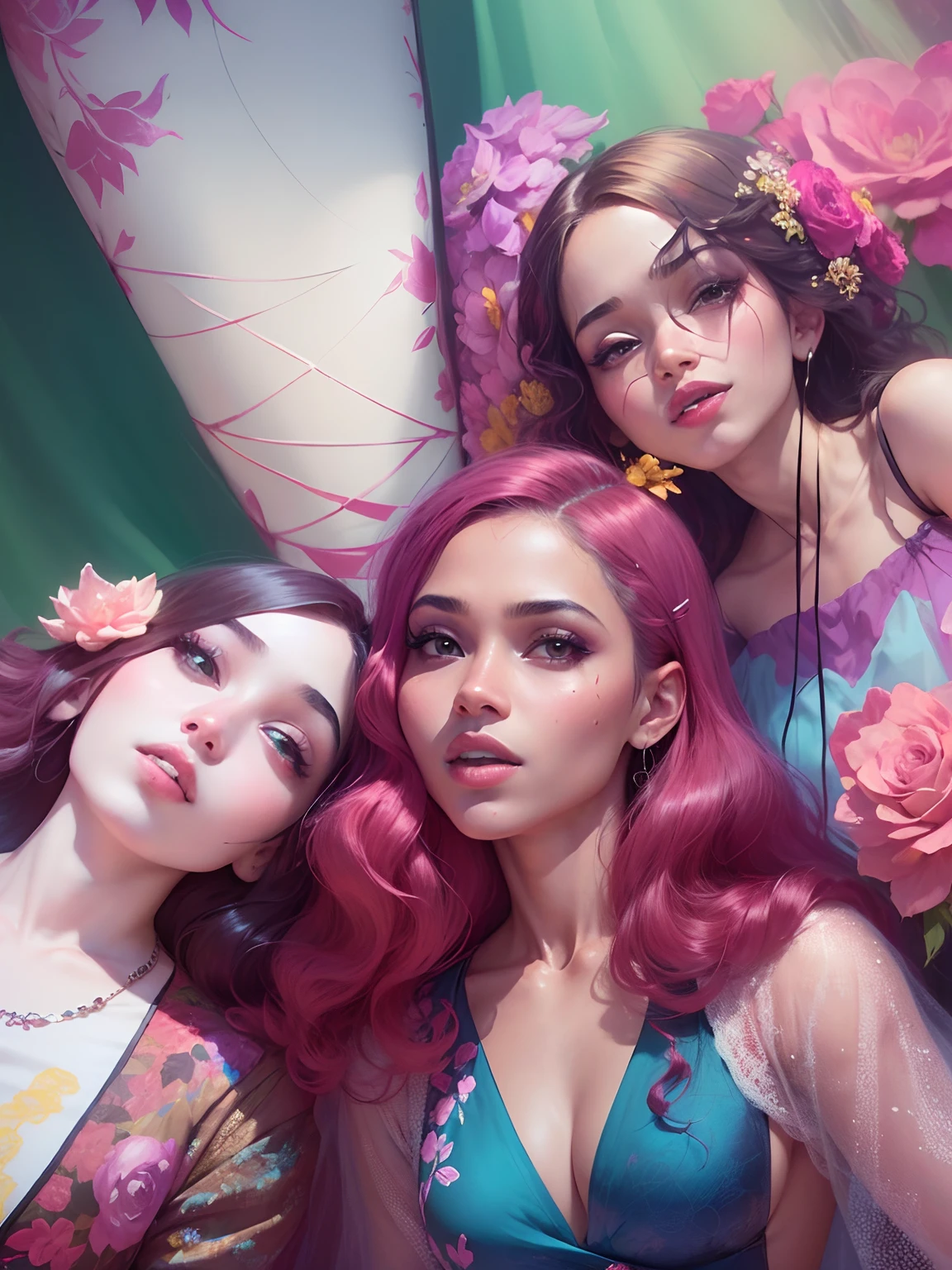 (- Three black women),illustration,cores vibrantes,roupas da moda,Maquiagem Glamourosa negra,long flowing hair,belos olhos detalhados,Funny poses,flower decorations,3 meninas,Preto,captivating expressions,lighting bokeh,ultra-detalhado,Alto,studio lighting