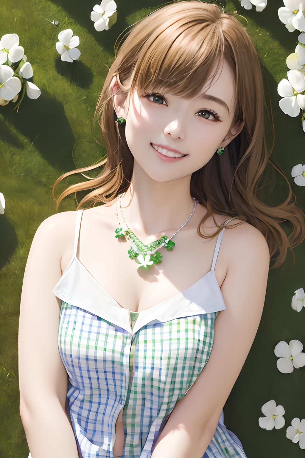The upper part of the body、Sun slightly above the head、an oil painting、masterpiece、top-quality、hight resolution、Pitch black background、(((Blonde medium hair)))、(((White and green gingham plaid shirt)))、White and green sleeveless shirt、(((Clothes with an open neck)))、Smiling、(((white and green clothing)))、(((You can see the chest)))、Gentle smile、(((25 years old women1a person)))、(((Clover Necklace)))