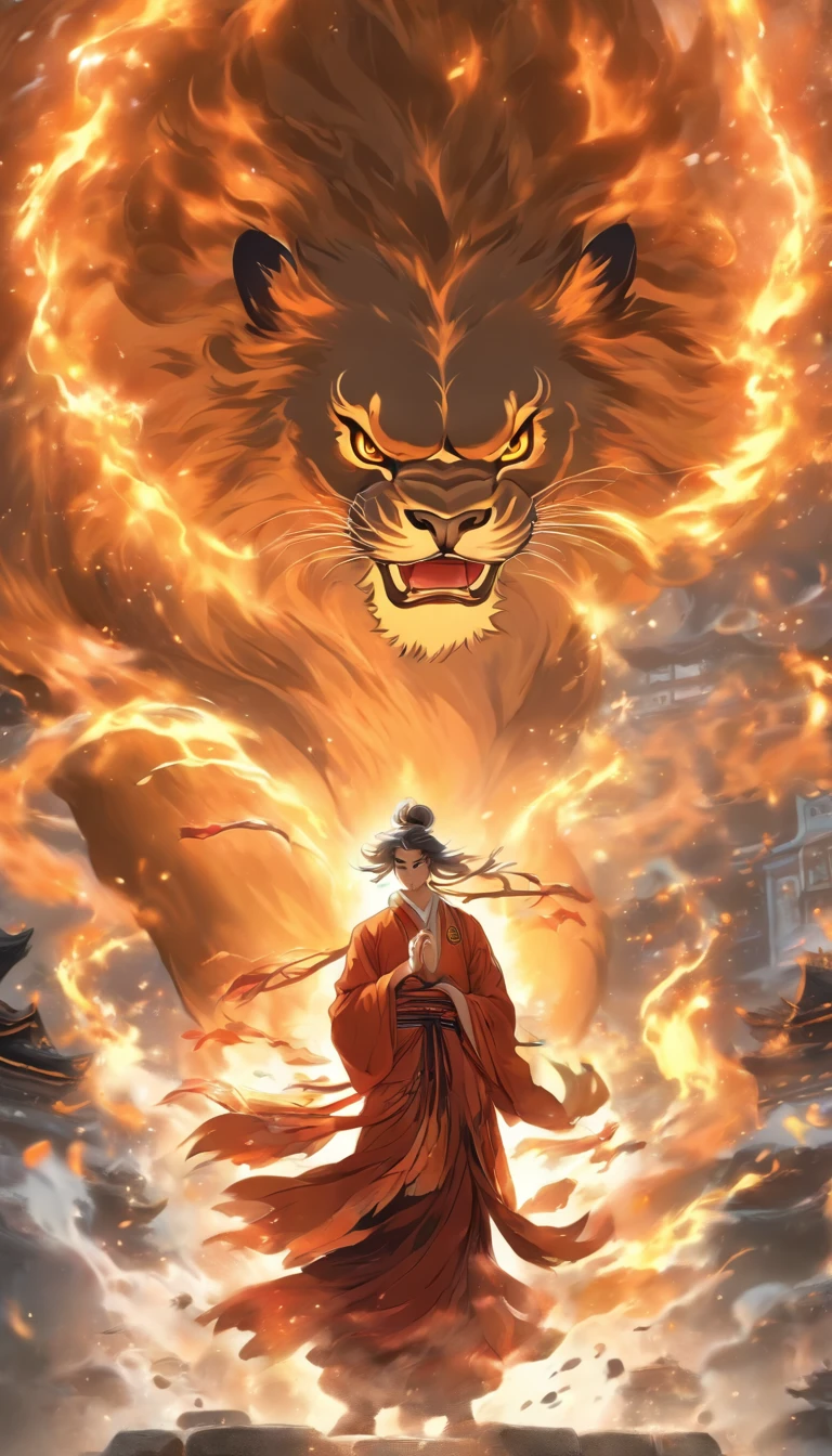china style,中景 the scene is,The Taoist monk stood in front of a huge transparent lion,reaching out her hands,Long messy hair,glow effect,Hyper-realistic,Ultra photo realsisim,Chinese black and white ink style,Silver,decolorization,Smudge,inky,8K,super-fine,high quarity,OC Renderer