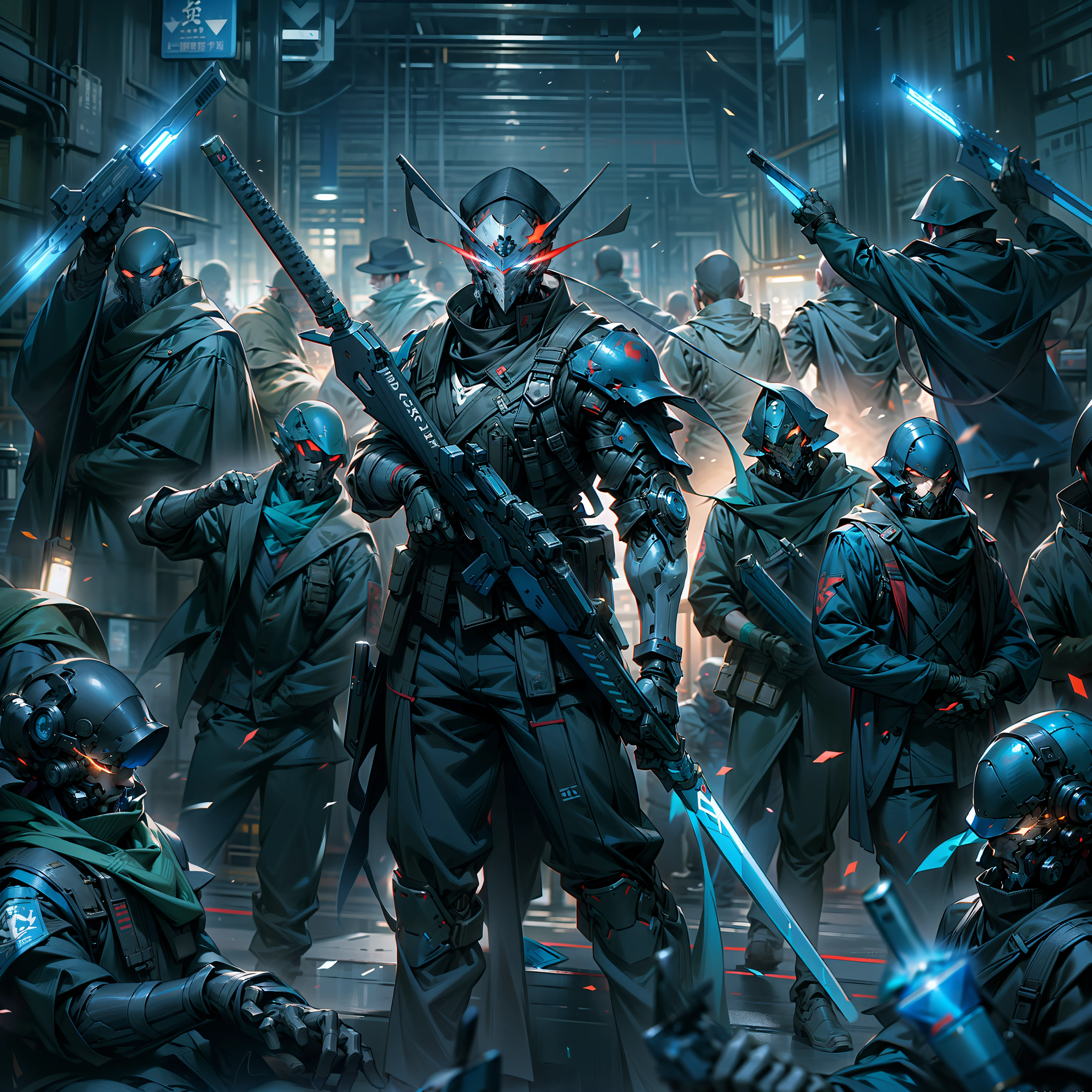 (of a guy,Humanity)Stand at front,Blue light from the eyes,A group of people behind him(Shadow Warrior series)The number of soldiers is several,((Disperse stations))Hand-held cold weapons,Blue light from the eyes