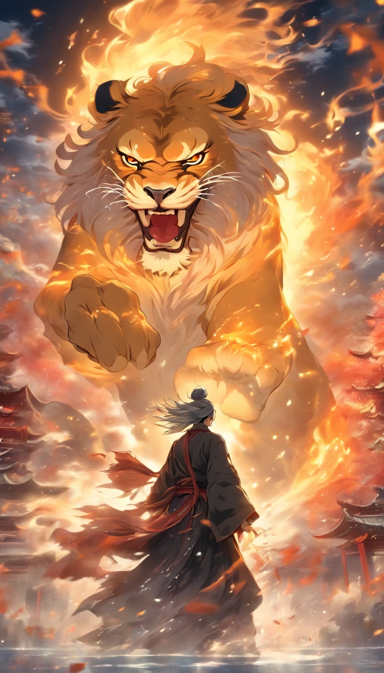china style,中景 the scene is,The Taoist monk stood in front of a huge transparent lion,reaching out her hands,Long messy hair,glow effect,Hyper-realistic,Ultra photo realsisim,Chinese black and white ink style,Silver,decolorization,Smudge,inky,8K,super-fine,high quarity,OC Renderer