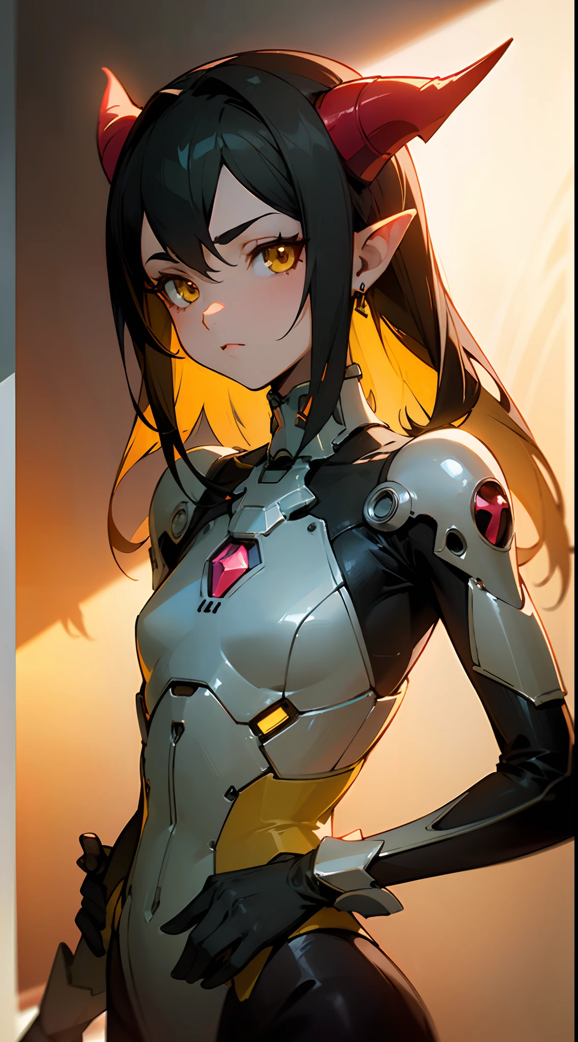 (masterpiece, best quality:1.3),beautiful detailed glow,best illuminate,(((best quality,textile shading,ultra detailed))),extremely detailed CG unity 8k wallpaper,Highly Detailed beautiful and aesthetic,best light,high resolution,detailed,dynamic lighting , 1Character ,  pastel washed out colors , cell shade , soft, muted shades ,gentle colors ,sword art online art style, Beautiful woman , light skin , pointed ears c black hair , has red horns , yellow eyes , very small chest , thin eyebrows , long eyelashes, eyeliner, almond shaped eyes , age 22