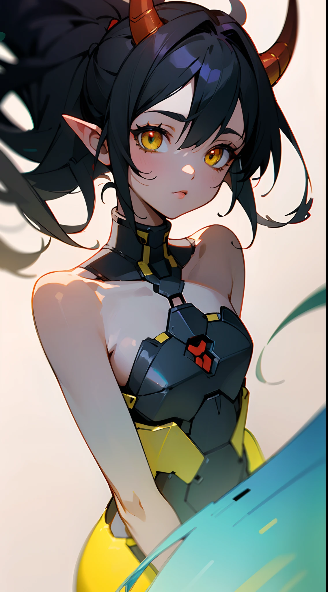 (masterpiece, best quality:1.3),beautiful detailed glow,best illuminate,(((best quality,textile shading,ultra detailed))),extremely detailed CG unity 8k wallpaper,Highly Detailed beautiful and aesthetic,best light,high resolution,detailed,dynamic lighting , 1Character , pastel washed out colors , cell shade , soft, muted shades ,gentle colors ,sword art online art style, Beautiful woman , light skin , pointed ears c black hair , has red horns , yellow eyes , very small chest , thin eyebrows , long eyelashes, eyeliner, almond shaped eyes , age 22