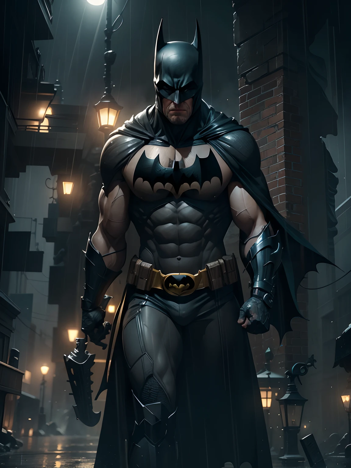 Batman, muscular, highly expressive and detailed face, looking at the viewer, heavy rain, unreal engine 5, 8k.