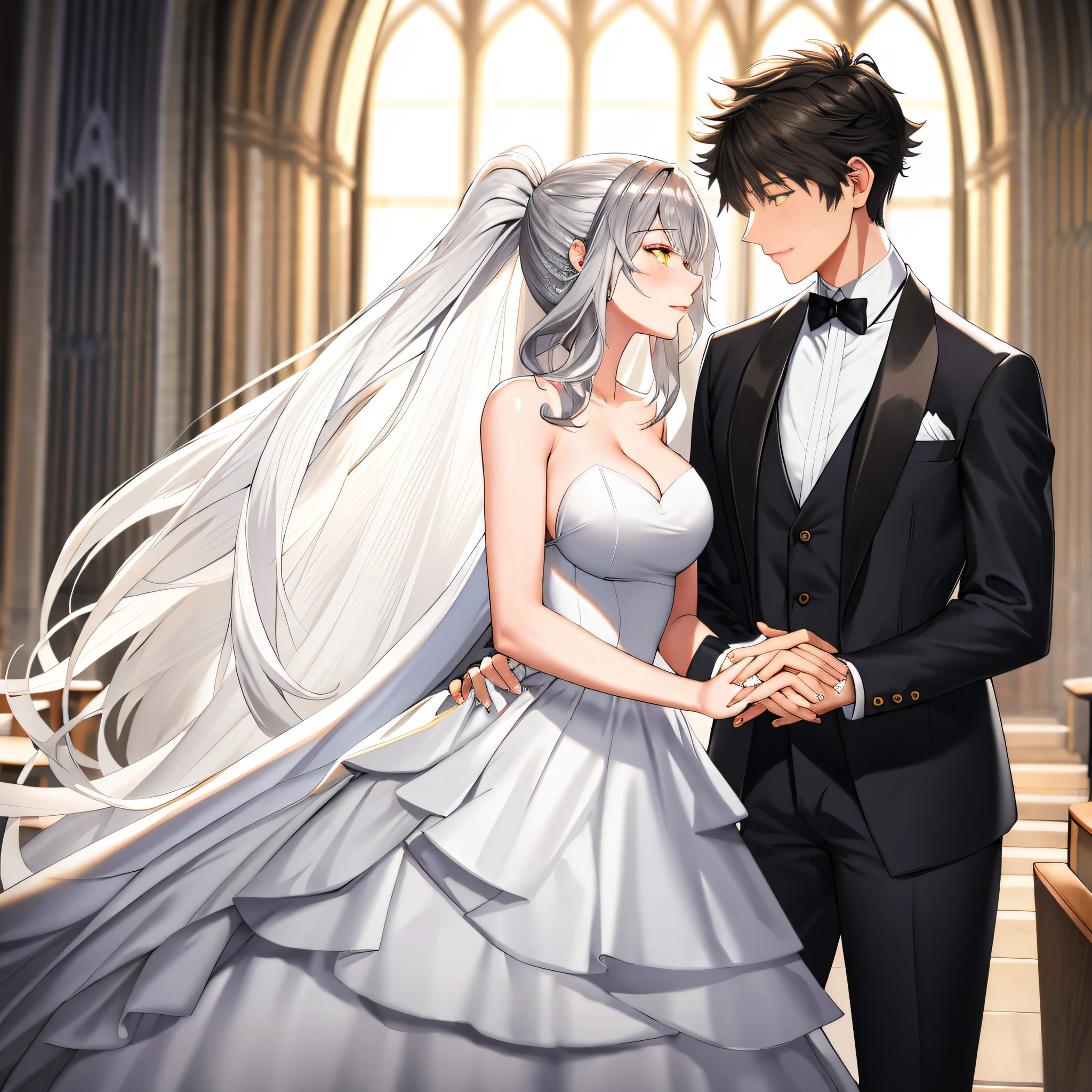masterpiece, Best quality, masterpiece, Best quality, masterpiece, Best quality, masterpiece, Best quality, high quality, High detail, Ultra detail, HD, 4k, 4280x2240, depth field, (HDR:1.9), Correct anatomy, a masculine boy with short hair black hair abundant brown eyes with full wedding suit from groom to gentleman's suit and Palto flu pants and a girl with very long hair messy hair curly hair wavy hair (((silver hair))) high ponytail with yellow eyes in wedding dress, Dream wedding dress. love. Hand in hand looking at the New Year's sunset sunrise while kissing at church wedding with wedding rings on boy finger and wedding rings on girl finger and smiles, detail, ultra-detail, correct_position, correct_texture, correct_colors, correct_shading, correct_cgi, correct_body, correct_anatomy, correct_proportion, (correct_complete_body)