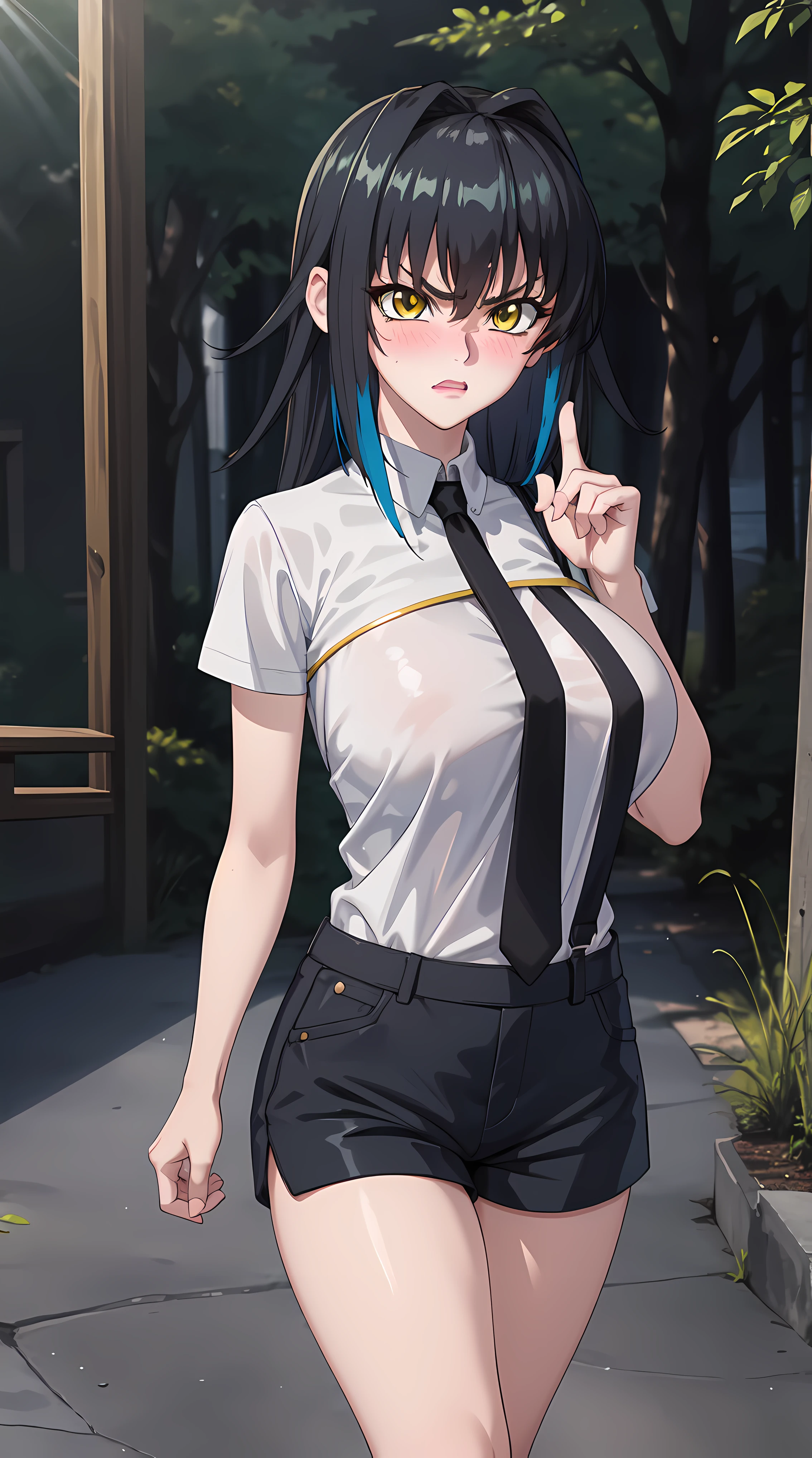 walking in forest at day background, trees, forest,
cowboy shot, Annerose,
((short pants:1.4, mini shirt:1.3)),
black_hair,yellow_eyes, long_hair, hair intakes,
1 girl, 35yo,mature female,Beautiful Finger,Beautiful long legs,Beautiful body,Beautiful Nose,Beautiful character design, perfect eyes, perfect face, milf,
looking at viewer, (big_yellow_eyes:1.0),(angry:1.3, blush, embarrassed), tsundere,
NSFW,official art,extremely detailed CG 8k wallpaper, perfect lighting,Colorful, Bright_Front_face_Lighting,
(masterpiece:1.0),(best_quality:1.0), ultra high res,4K,ultra-detailed,
photography, 8K, HDR, highres, absurdres:1.2, Kodak portra 400, film grain, blurry background, bokeh:1.2, lens flare, (vibrant_color:1.2)
(Beautiful,large_Breasts:1.4), (beautiful_face:1.5),(narrow_waist),