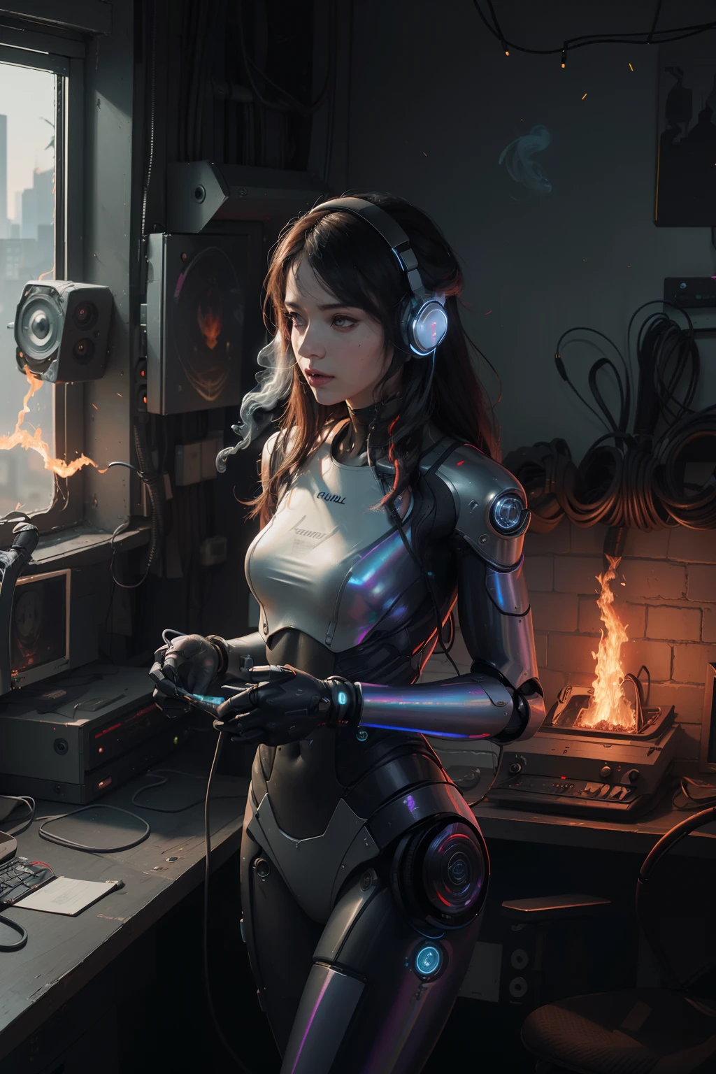 (masterpiece, best quality, highres, absurdres, detailed:1.2), humanoid, robot, wearing headphones, looking away, (cyberpunk, art canvas, paint brush, easel, iridescent, holographic: 1.6), (cables, wires, flames, fire, smoke, overheat, explosion, indoors, room, simple background)