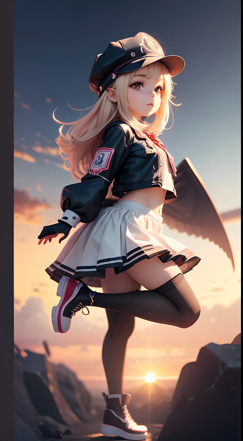 1 very cute girl,There are wings on the back,With a hat on,jumpping,chibi girl,3d anime girl,3d effect,(Full body like),super detailing