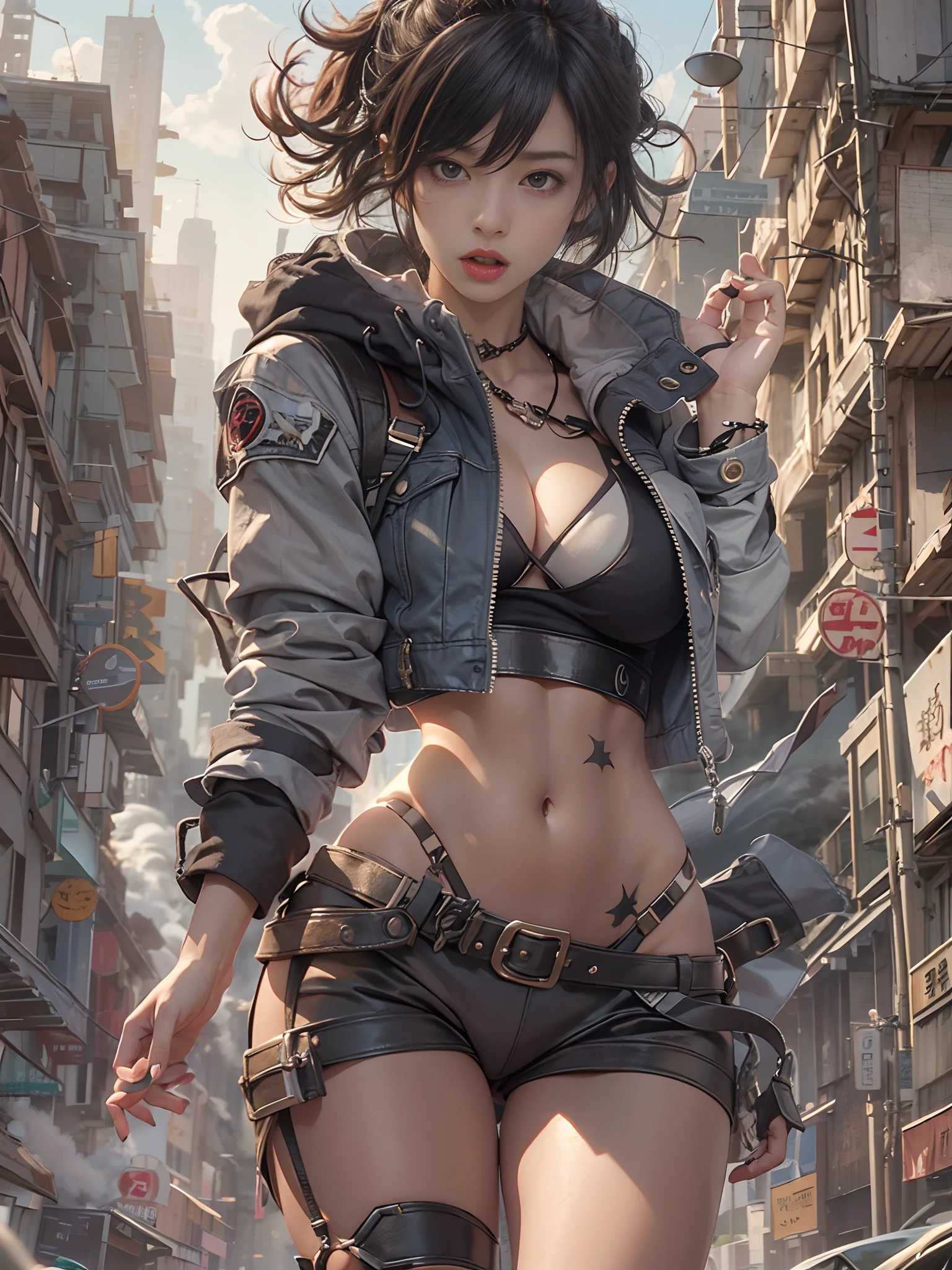 Giant Akari in crop top and jacket, Barefoot, a beauty girl、beautiful countenance、huge tit、beauty legs、well-muscled、athletic bodies, gts city, city buildings, Smoke coming from a broken building, Confront evil black smoke and assimilating monsters、Screaming and fighting、Fighting face、fighting poses、Kamen Rider、((Rear view))、hero、salvador