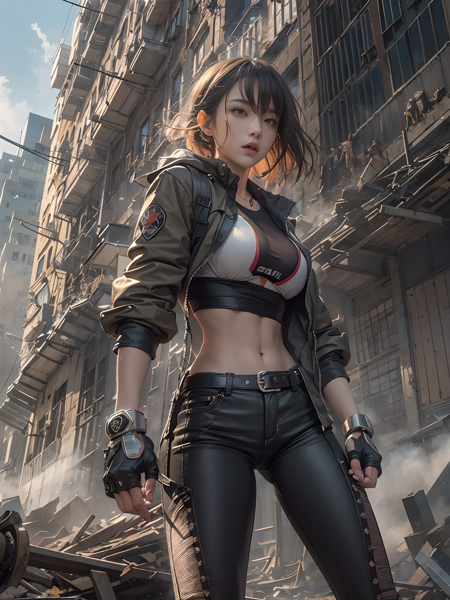 Giant Akari in crop top and jacket, Barefoot, a beauty girl、beautiful countenance、huge tit、beauty legs、well-muscled、athletic bodies, gts city, city buildings, Smoke coming from a broken building, Confront evil black smoke and assimilating monsters、Screaming and fighting、Fighting face、fighting poses、Kamen Rider、((Rear view))、hero、salvador