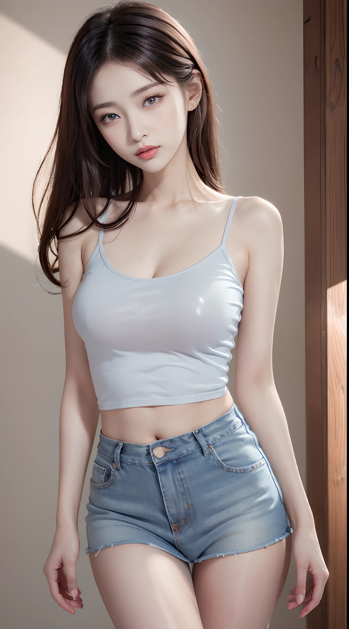 Fashion trend beautiful charming woman, gentle and lovely Chinese beautiful woman, delicate sexy collarbone, charming goose egg face, double eyelids, flexible peach blossom eyes, pink lips, small upturned nose, bare shoulders, focus face, face close-up, ultra-high definition, super detail, full body photo, ultra-thin translucency, with this light blue denim skirt with beige T-shirt, gentle light color sex with white and beautiful skin, outstanding temperament, stockings, see-through
