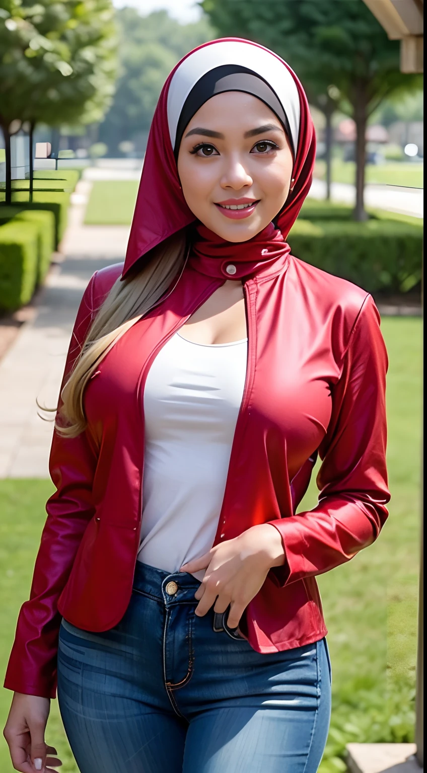 RAW, Best quality, high resolution, Masterpiece: 1.3), Beautiful mature Malay woman in hijab, Masterpiece, Perfect slim body, ((Big breasts)), Beautiful big eyes, water eyes, Soft smile,beautifull body, thin legs, perfect beautiful face, fair skin, detailed skin texture, big natural breasts. Smile. He looked amazing. (Wearing red jacket, blouse and jeans, simple design). take a walk in.  flower garden path, blurred background, bokeh,