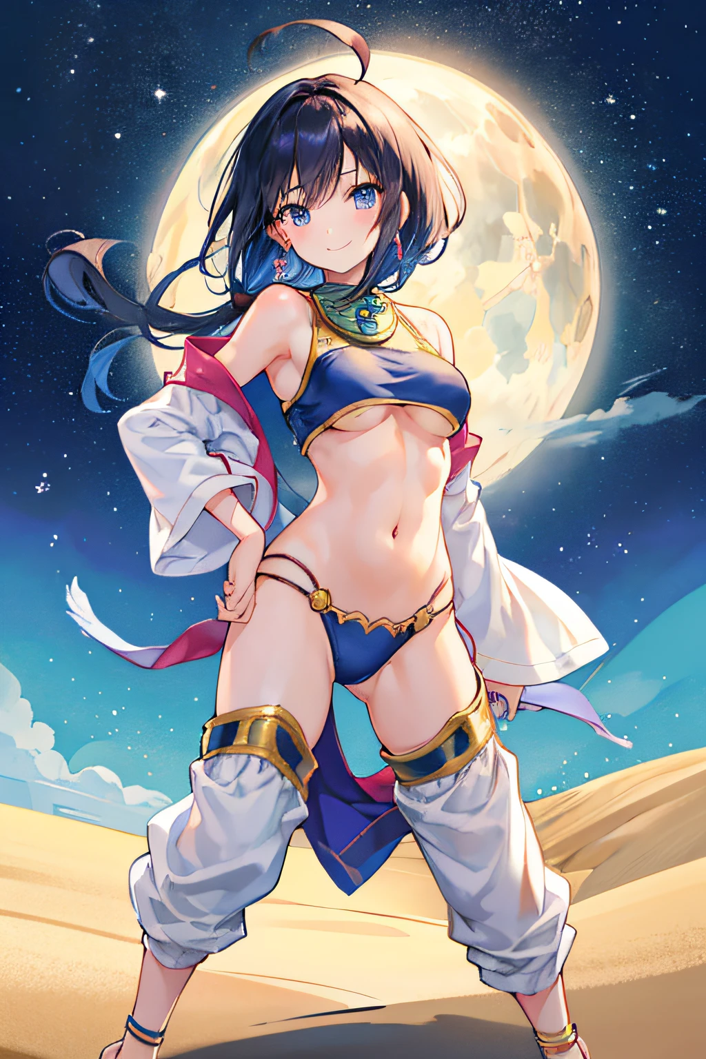 Egypt、underboob、aladdin pants、slit、off shoulders、Futomo、straight haired、full body Esbian、deph of field,Top image quality、Beautifully Aesthetic:1.2)、(1girl in:1.3)、A dark-haired、patterns、colourfull、A desert、A smile、Upper body