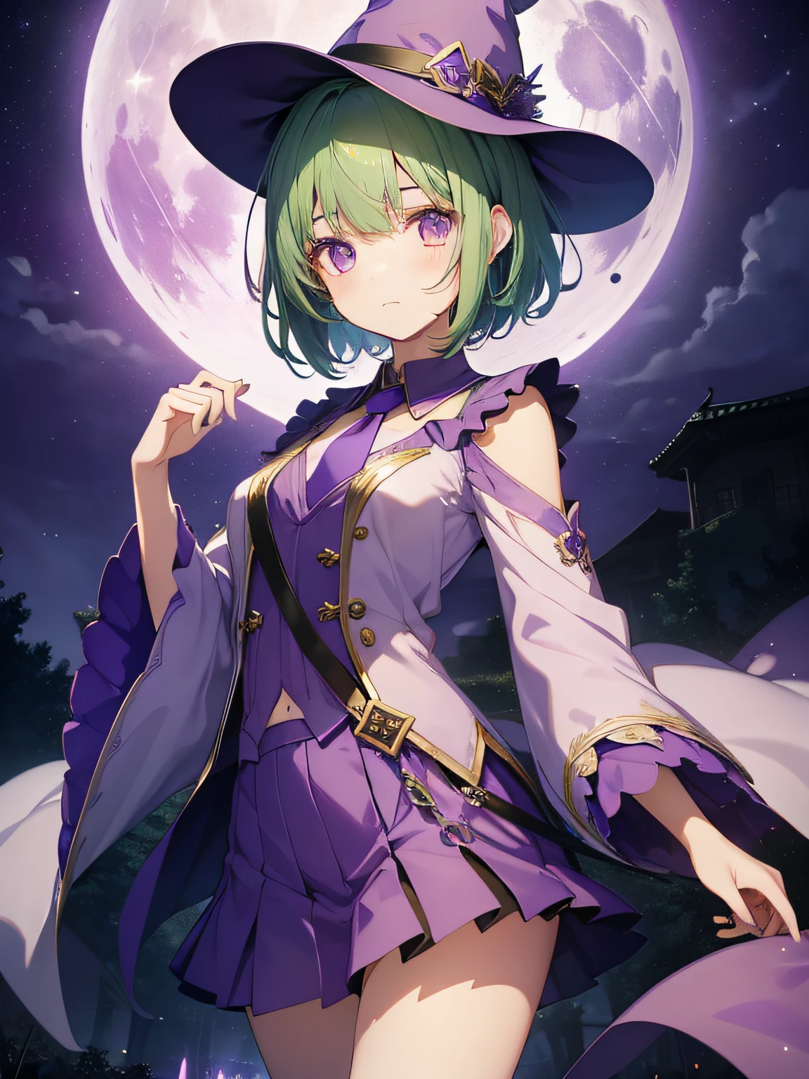 top-quality、extremely delicate and beautiful、(A teenage girl)、Purple Eye、Green hair、short-haired、(purple witch hat)、Purple tie、Soio、shortsleeves、Purple skirt、Purple Wizard Robe、Navel、is standing、Full moon night on background
