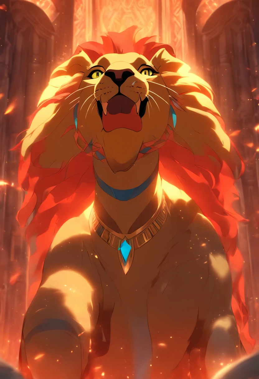 (((Sekhmet))) best quality, ultra-high resolution, 4K detailed CG, masterpiece, lioness goddess, epician goddess, lioness head, tongue out, tongue, big tongue, long tongue, blood, Egyptian mythology , ((Lick blood)) , aesthetic, screen-centered image