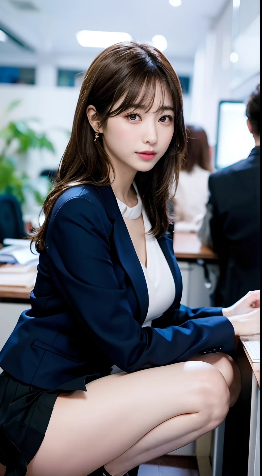 (Skirt lifting), ((Show panties)), looking in camera, Angle from below, Short skirt, Squatting, long eyeslashes、Beautiful double eyelids、Sanpaku eyes、Duck mouth、(8K, Raw photography, top-quality, masterpiece: 1.2), masterpiece, Super Detail, 超A high resolution, (Realistic and realistic photos: 1.37), high-definition RAW color photography, extremely delicate and beautiful, ighly detailed, astonishing, detaileds, extremely detailed eye, highlydetailed skin, extremely detailed fingers, highly detailed nose, highly detail mouth, perfect anatomia,1girl in, Blurry, Blurry background, Blurred foreground, blush, Colossal tits, depth of fields, Solo, Huge poroli,乃木坂アイドル、韓国アイドル、女優、20yr old、女優、hposing Gravure Idol、1girl in、(Officelady、OL、Business Shirt)、((s Office:1.4))、tight skirts