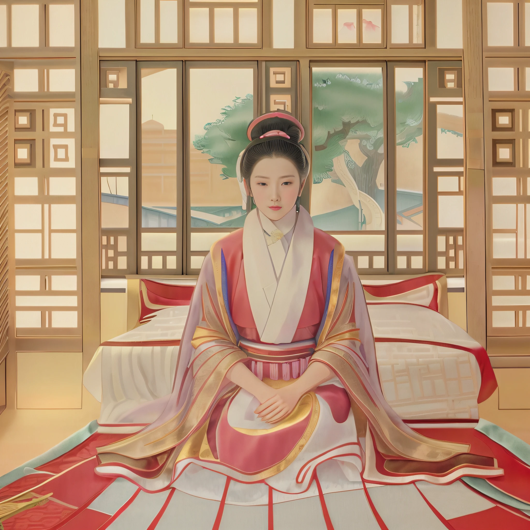 arafed woman in a kimono sitting on a bed in a room, palace , a girl in hanfu, ancient chinese princess, chinese empress, chinese princess, ancient asian dynasty princess, chinese woman, inspired by Yun Du-seo, ancient chinese goddess, ancient chinese beauties, wearing ancient chinese clothes, ancient china art style, serene illustration, japanese style painting.