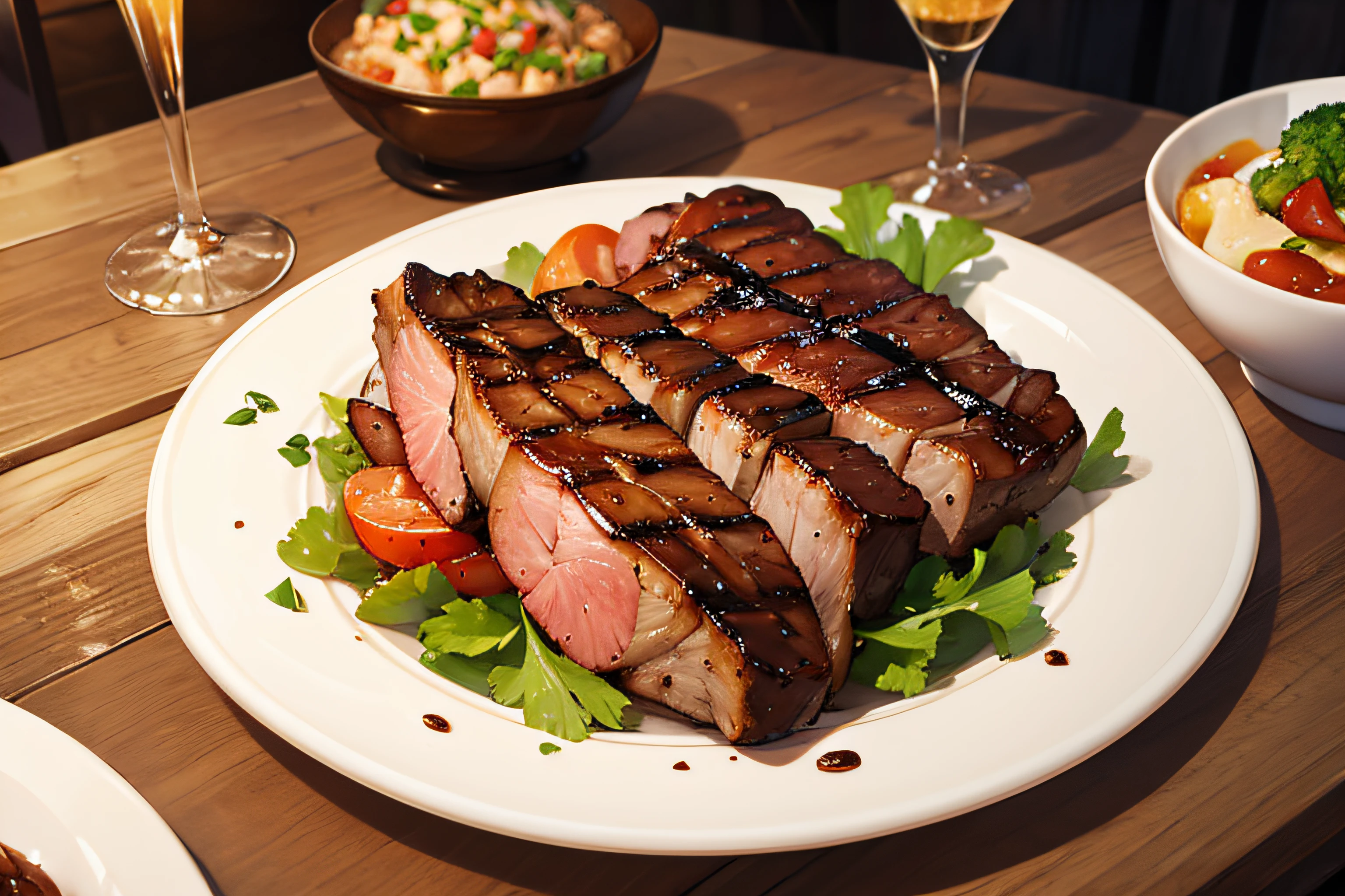 ((Masterpiece)), ((Best quality)), A sumptuous gourmet grilled meat, served on a rustic wooden table.