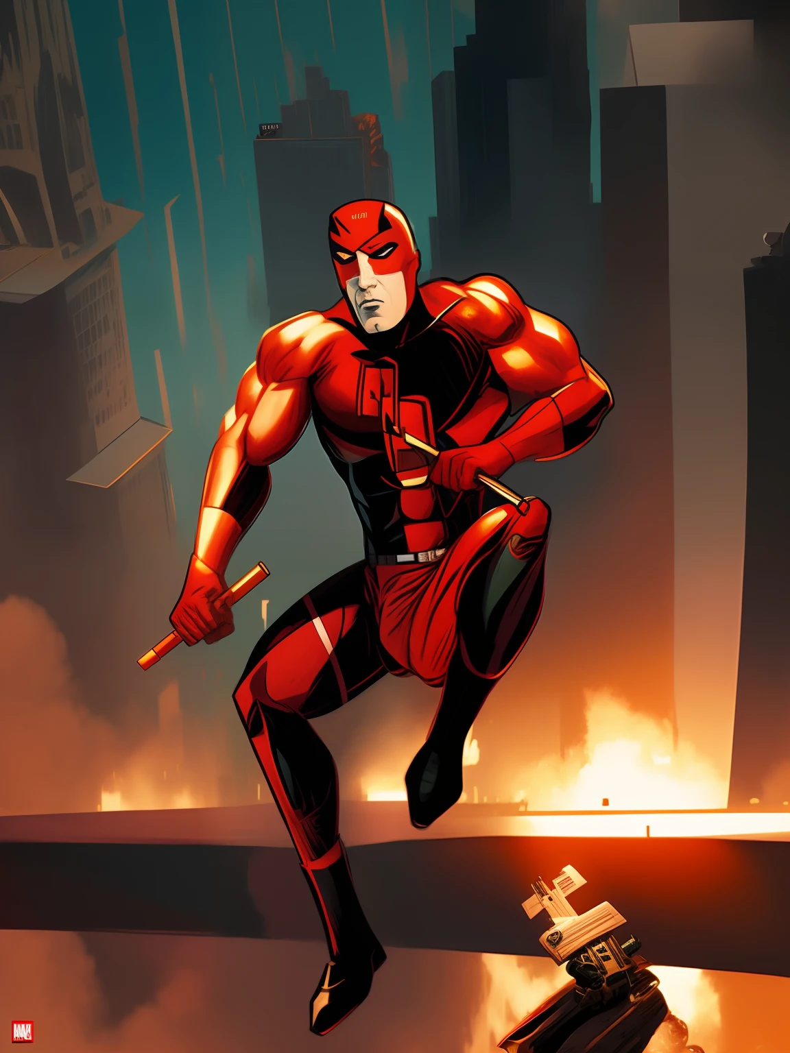 DAREDEVIL!!, masterpiece, high detailed images, high quality images, perfect faces, um desenho realista de um homem com um uniforme totalmente vermelho, botas vermelhas, luvas vermelhas, red pants, torso vermelho, Red mask with two red sticks in hand jumping from the top of a building with New York City in the background, , inspirado por jim lee, inspirado em Bickenbach, inspirado em Frank Miller, desenho de quadrinhos, Desenho de quadrinhos da Marvel,  Retrato do Demolidor, inspirado em John Romita Jr, inspirado em Jack Kirby, inspirado em Paul Kane, heroic action pose, inspirado em Jim Steranko, Fantastic Art, 8K