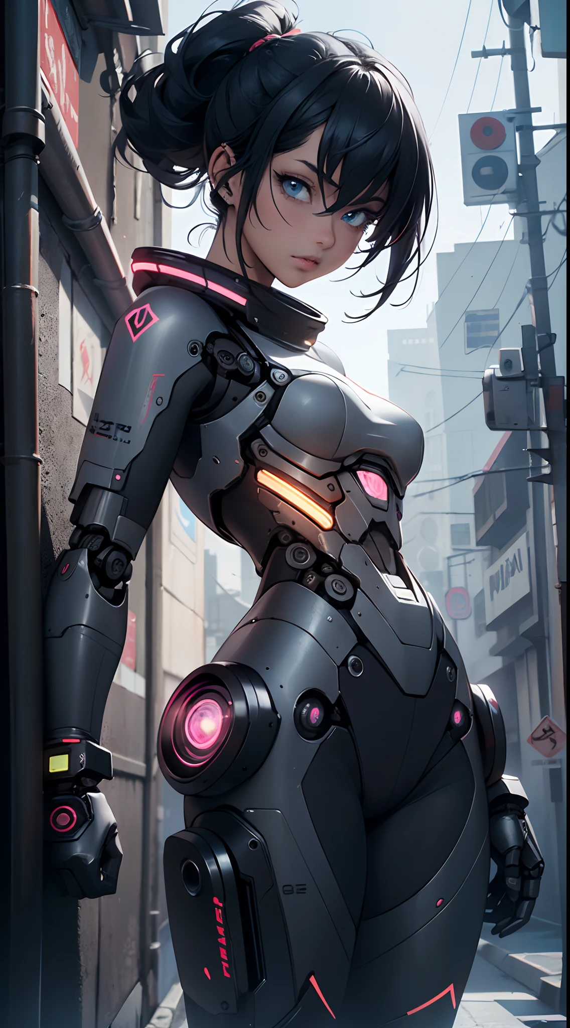 PunkAI, (CyberpunkAI:1.4), H1C4TT3CH, (hermosa mujer Hola Kitty), Cybernate, (robot:1.4), ciborg, Renderizado de Unreal Engine en 8K, Dentro de una intrincada ciudad llena de neones, action shot, Iris intrincado detallado, Very vivid lighting, sombras pesadas, Detallado, (Vibrante, Foto realista, realista, dramatic, oscuro, foco nítido, 8k),,motor irreal:1.4,UHD,La mejor calidad:1.4, fotorrealista:1.4, textura de la piel:1.4, obra maestra:1.8,obra-prima, mejor calidad,(Beautiful and detailed eye description)