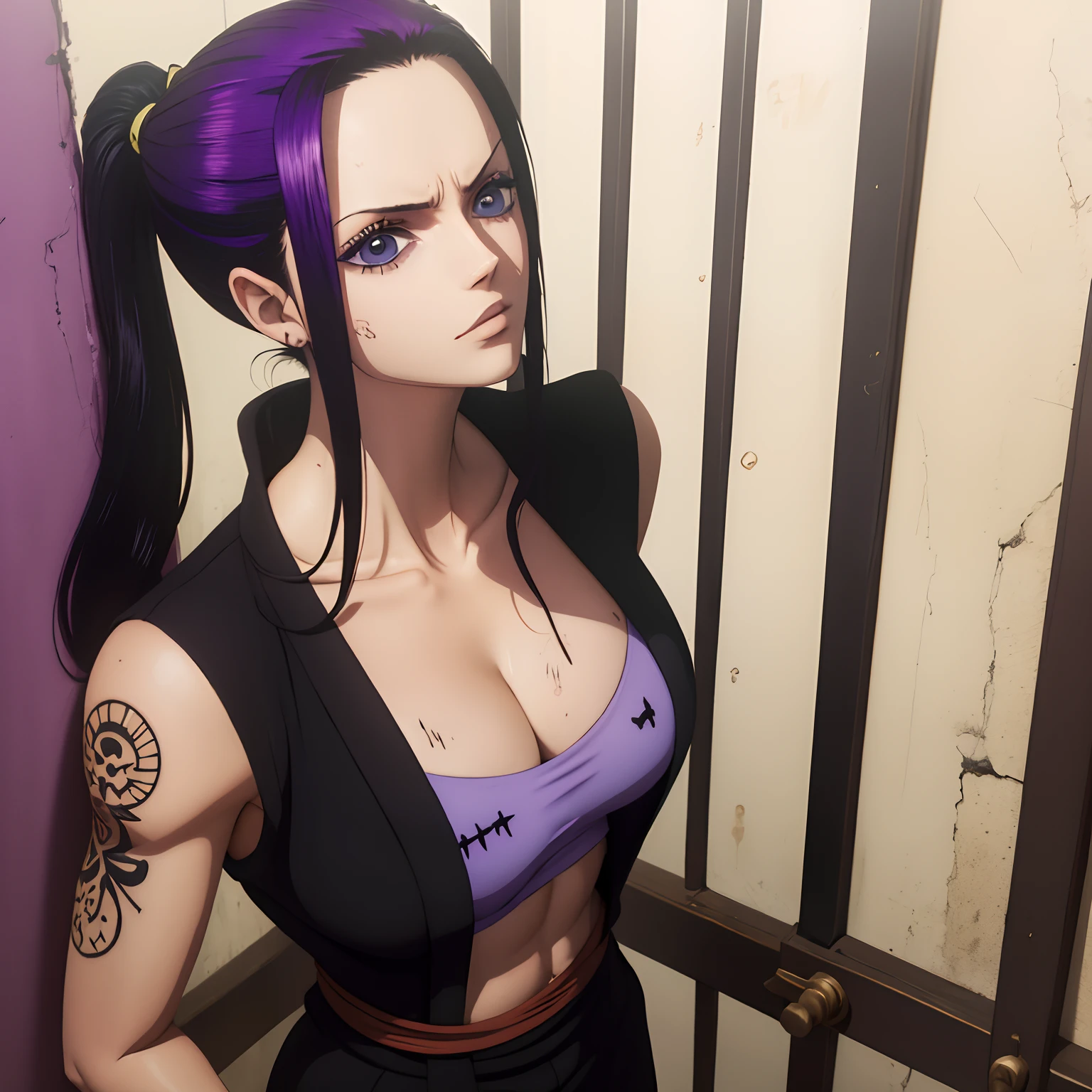 melhor qualidade, Estilo One Piece, Dirty Prison, Uma mulher de cabelos negros Nico Robin amarrado com algemas em uma masmorra, angry expression, Roronora Zoro purple-haired man with black clothes and happy expression, Duas pessoas, jail