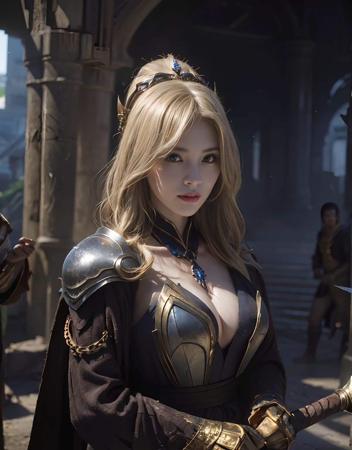 (One Knight Girl)、top-quality、masterpiece、超A high resolution、(Photorealsitic:1.4)、Raw photo、女の子1人、(Wear the Dark Knight's Armor)、glowy skin、(((Dark Fantasy)))、Fight with beautiful swords and shields、(((Mystical expression))),(Gorgeous gold metal body)、(Fight goblins、ogre、Fierce battle with orcs),(Fighting strong enemies)、Fight fiercely、(Background of decaying dungeon ruins)、(Ultimate Beauty)、(Detailed knight's helmet)、(Fighting Demonic Beasts)、(Pointed Hat Wizard Hat)、((super realistic details))、portlate、(Strong giant demon beast background),globalillumination、Shadow、octan render、8K、ultrasharp、Colossal tits、Raw skin is exposed in cleavage、metals、Details of complex ornaments、Japan details、highly intricate detail、Realistic light、(Mystical expression),CGSoation Trends、Red Eyes、radiant eyes、Facing the camera)、Gundam、Small LED、Toostock、(Background of the mutation)、(Attack of the Monster Beasts)、Ultimate Beauty、beautiful female knight、Wear colorful armor、Detailed sword、(Wearing legendary armor)、