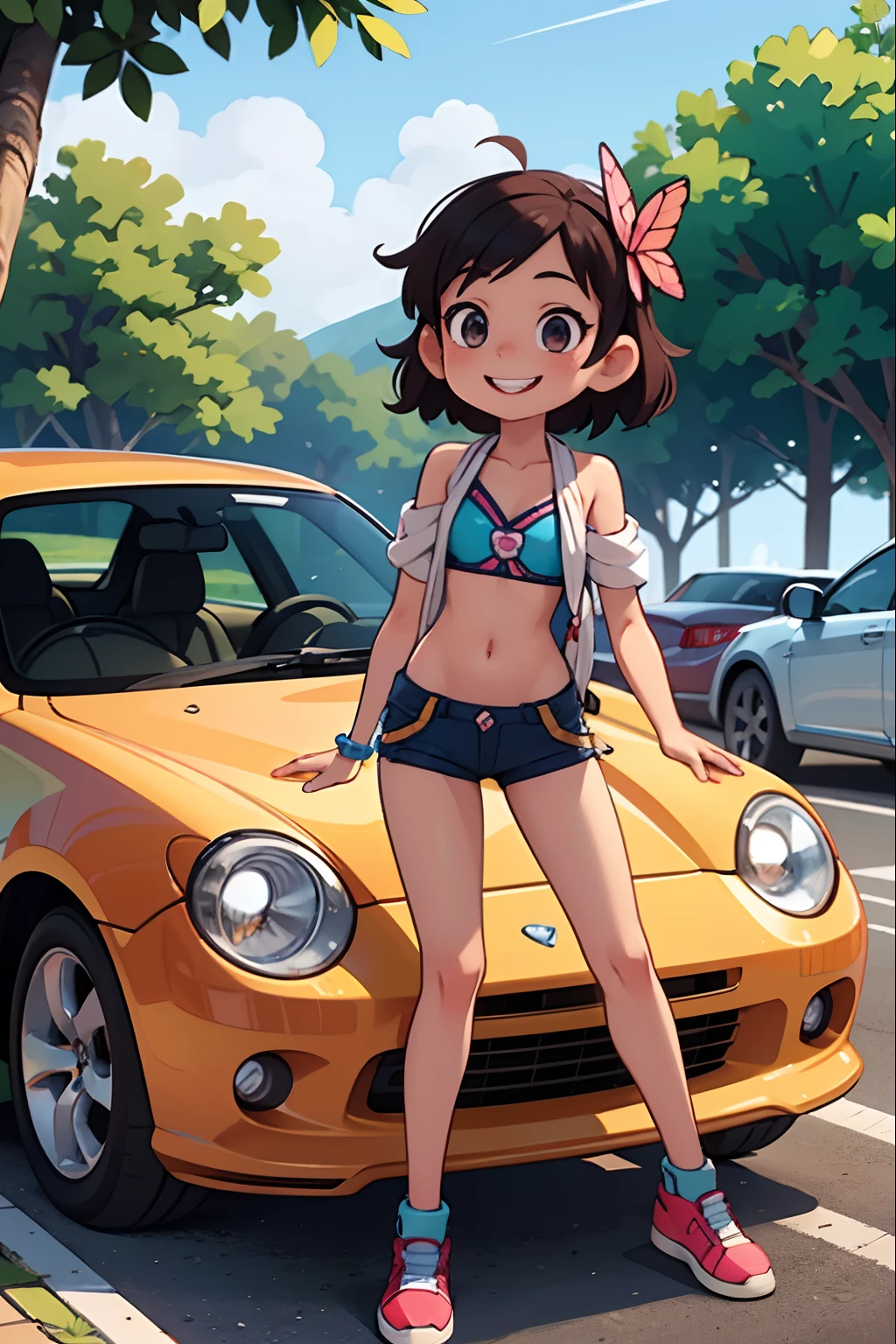 Octane Render、(Hyper-detailing: 1.15)、(Soft light、sharp: 1.2)、morning、Little girl posing in front of EV in parking lot near beach, Accessories for shoes、butterfly hair ornament、 Fuji Film, F/4.0, masutepiece, Anatomically correct、A smile, radiant light