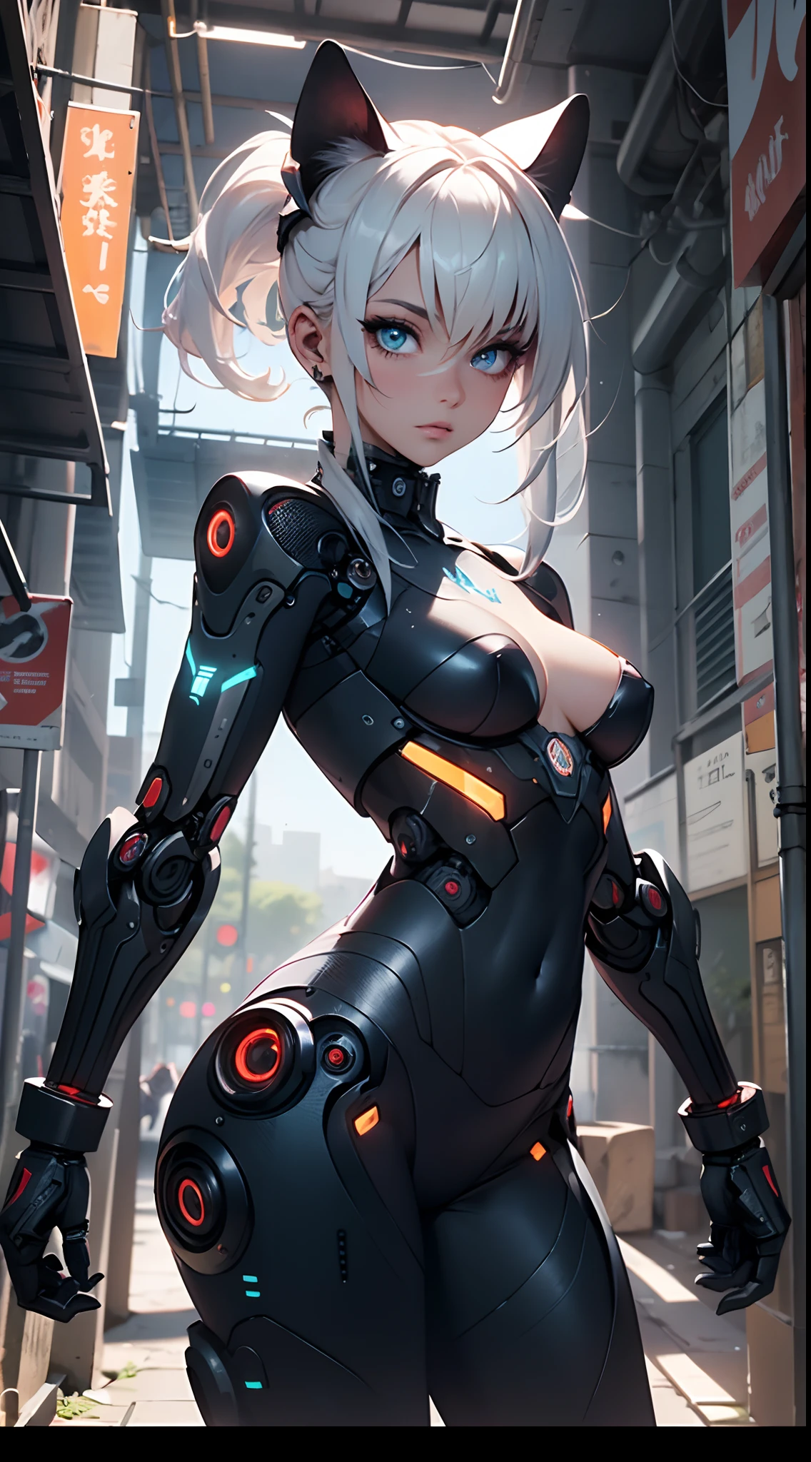 PunkAI, (CyberpunkAI:1.4), H1C4TT3CH, (hermosa mujer Hola Kitty), Cybernate, (robot:1.4), ciborg, Renderizado de Unreal Engine en 8K, Dentro de una intrincada ciudad llena de neones, action shot, Iris intrincado detallado, Very vivid lighting, sombras pesadas, Detallado, (Vibrante, Foto realista, realista, dramatic, oscuro, foco nítido, 8k),,motor irreal:1.4,UHD,La mejor calidad:1.4, fotorrealista:1.4, textura de la piel:1.4, obra maestra:1.8,obra-prima, mejor calidad,(Beautiful and detailed eye description)