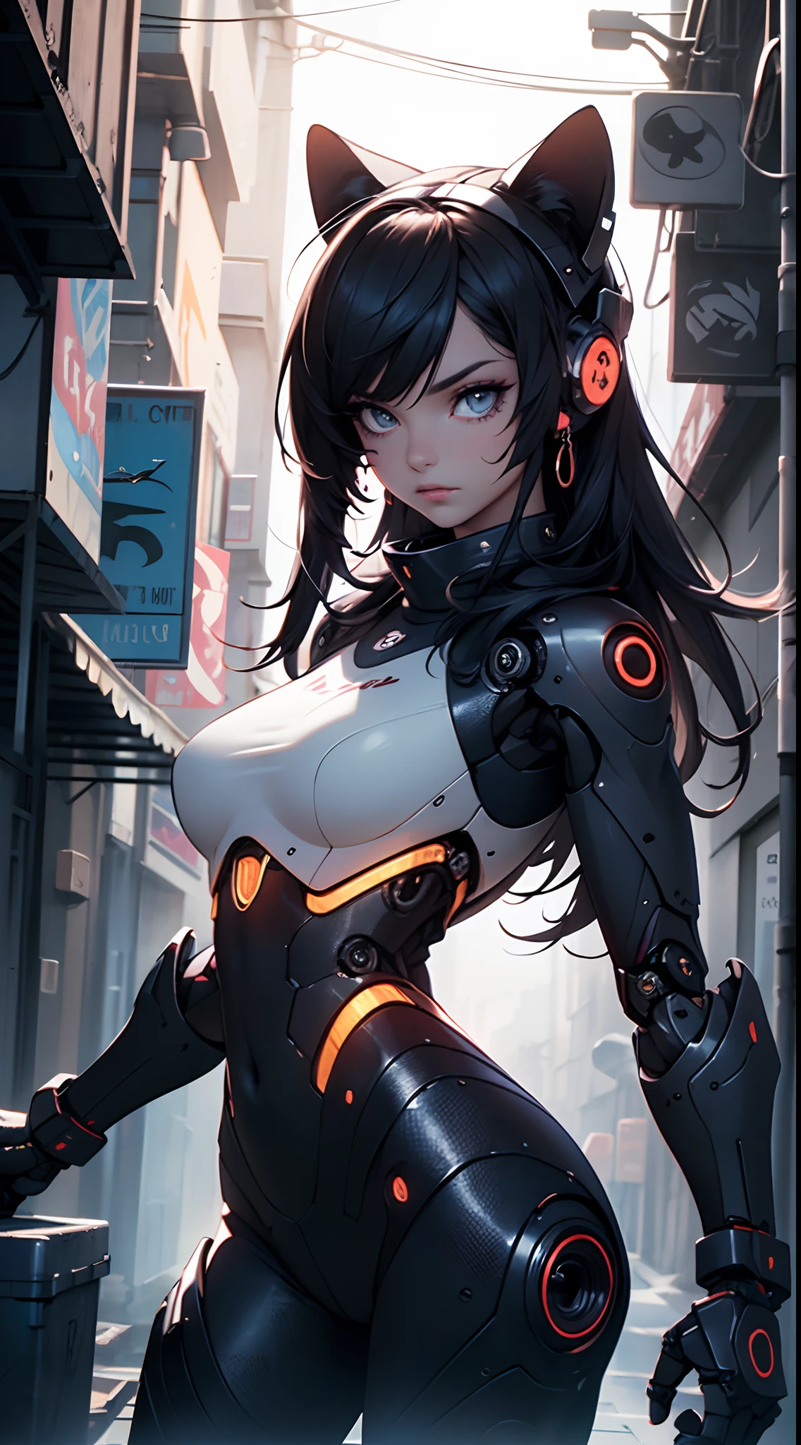 beautiful, perfect eyes, perfect face, perfect lighting, 1girl, black twin tails, split-color hair, pink and black hair, two piece bikini, large breasts, wide hips, cyberpunk nighttime city background (masterpiece:1.3) ultra detailed illustration, (masterpiece:1.2), (best quality:1.2), UHD, UHD, UHD, UHD, UHD, ccurate, textured skin, high details, award winning, highres, anatomically correct