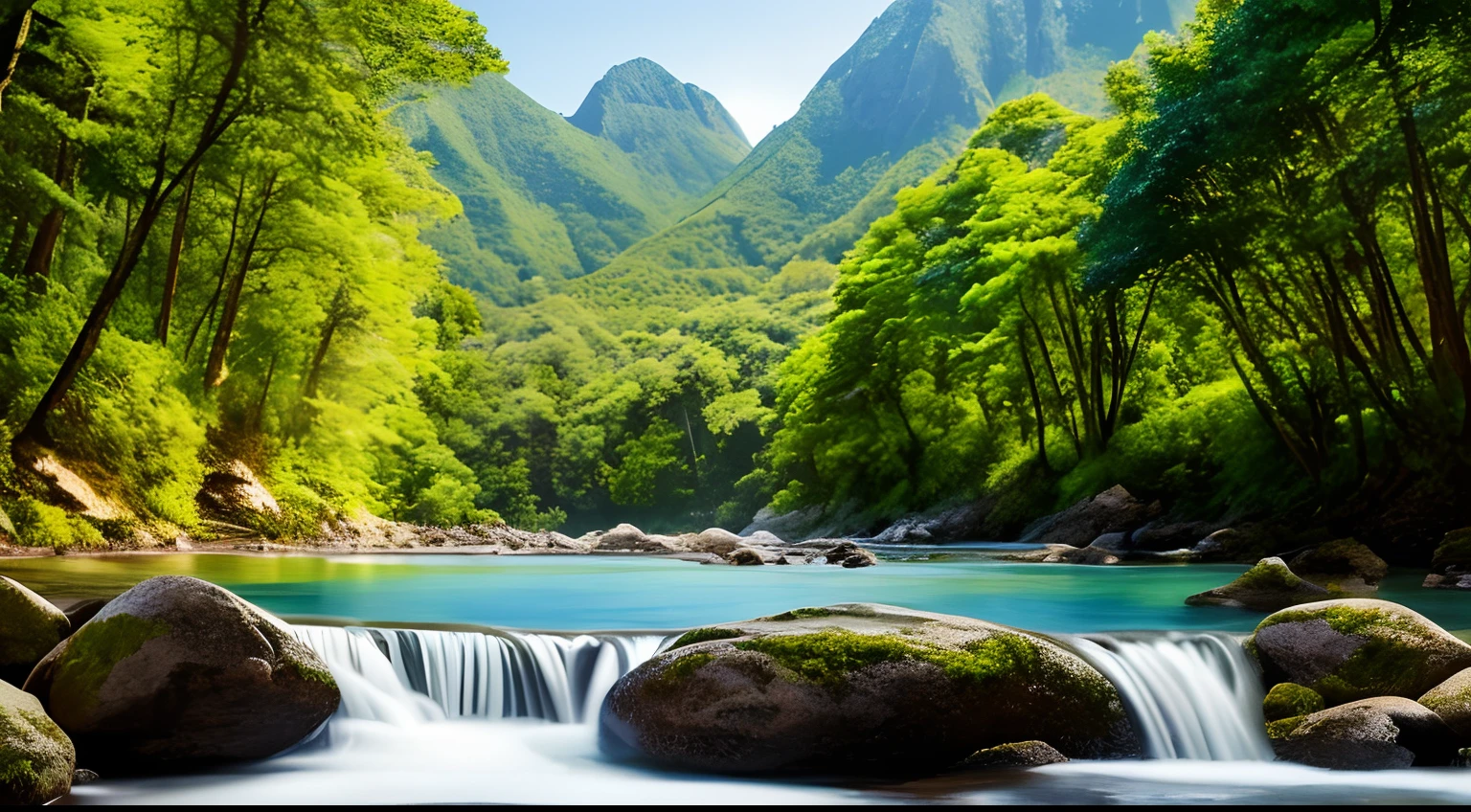 A breathtaking natural landscape, cena tranquila da natureza, nascer do sol, um riacho sereno, vibrant vegetation, um campo verdejante, pequenas montanhas recebendo os primeiros raios solares(melhor qualidade,4k,8k,Alto,master part:1.2),ultra detalhado,(Realistic,fotorrealista,photo-realistic:1.37),HDR, UHD, studio lighting, Tinta ultrafina, foco nítido, Physically-based rendering, extreme detail description ,profissional, vivid colors, bokehpaisagismo cores do nascer do sol, Sunlight creating a magical ambiance, sunlight filtering through the trees, harmonia da natureza, refrescante e rejuvenescedor, Pure and untouchable beauty, Peaceful scenery of running water, harmonia da natureza, Balance between water and land, Serenidade no seu melhor.