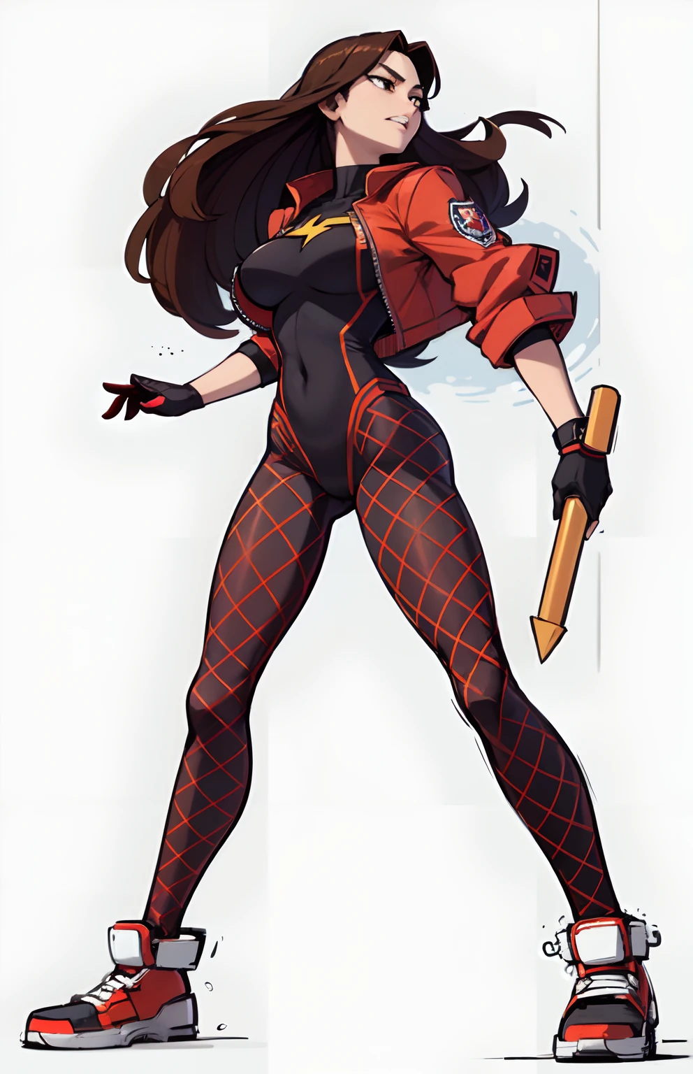 My hero academic style, female, medium breast, wide hips, wide thighs, Full body suit, Hero suit, shot:1.2, holding red lightning, Red lightning, Holding lightning, Perfect anatomy, super detailed, Perfect hands, Red lightning around, Lightning around, Red lightning,