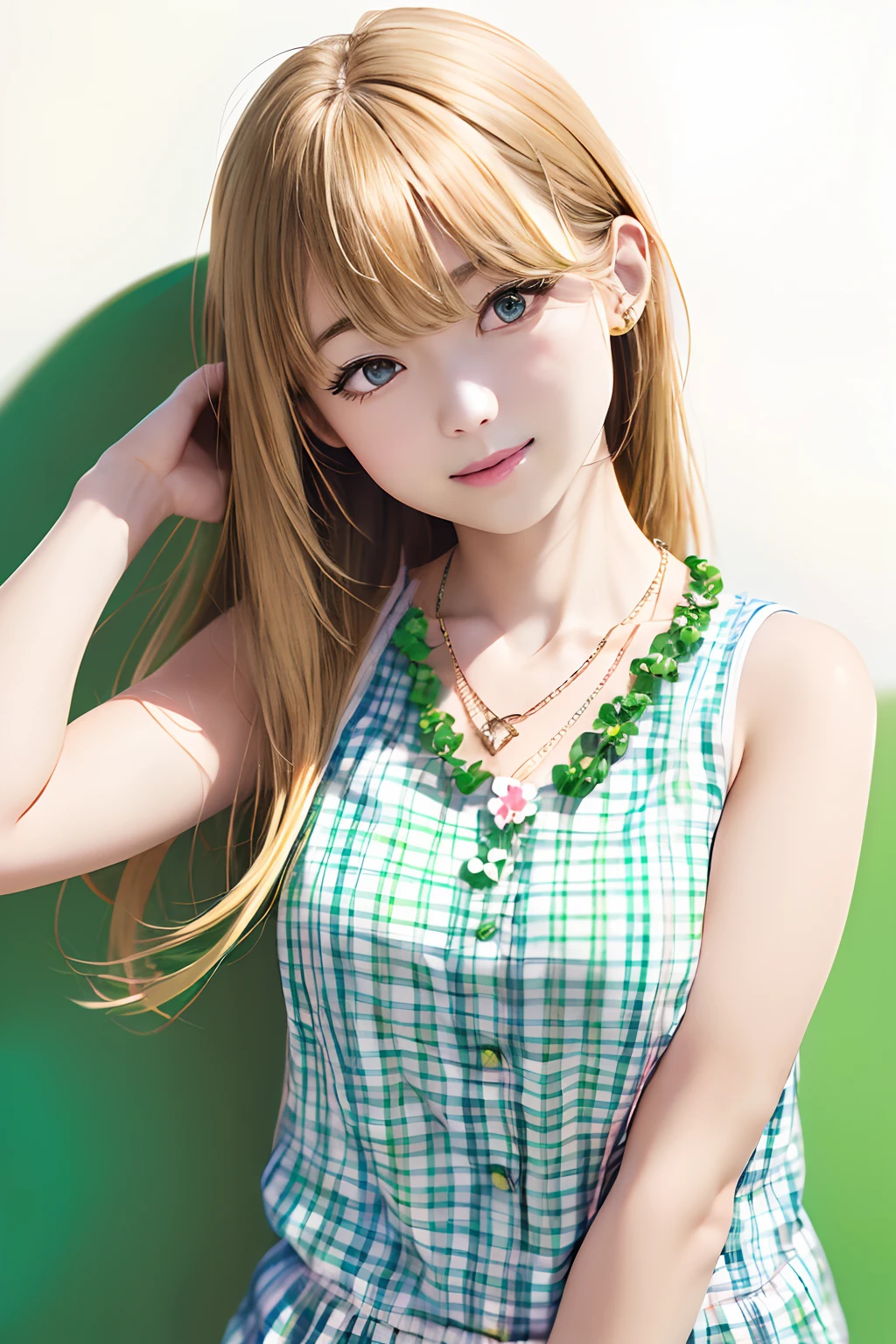 The upper part of the body、Sun slightly above the head、an oil painting、​masterpiece、top-quality、hight resolution、Pitch black background、(((Blonde medium hair)))、(((White and green gingham plaid shirt)))、White and green sleeveless shirt、(((Clothes with an open neck)))、(((Arms folded in front of the chest)))、(((white and green clothing)))、(((You can see the chest)))、Straight face、(((25 years old women１a person)))、(((Clover Necklace)))