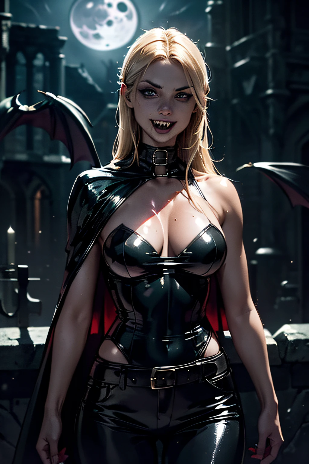 (best quality,ultra-detailed,realistic:1.37), dark and gothic atmosphere, eerie lighting, (((fangs glistening in the moonlight:1.4))), seductive and mysterious expression, bright blue eyes, blonde hair, halter top, leather pants, blood on clothes, blood on body, pale complexion, flowing cape, burning city in the background, bats flying in the sky, dark red color palette, chilling and dramatic ambiance, hauntingly beautiful.