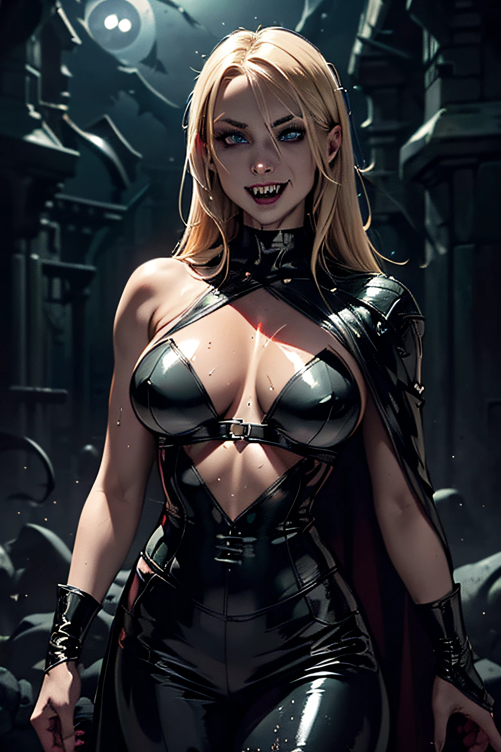 (best quality,ultra-detailed,realistic:1.37), dark and gothic atmosphere, eerie lighting, (((fangs glistening in the moonlight:1.4))), seductive and mysterious expression, bright blue eyes, blonde hair, halter top, leather pants, blood on clothes, blood on body, pale complexion, flowing cape, burning city in the background, bats flying in the sky, dark red color palette, chilling and dramatic ambiance, hauntingly beautiful.