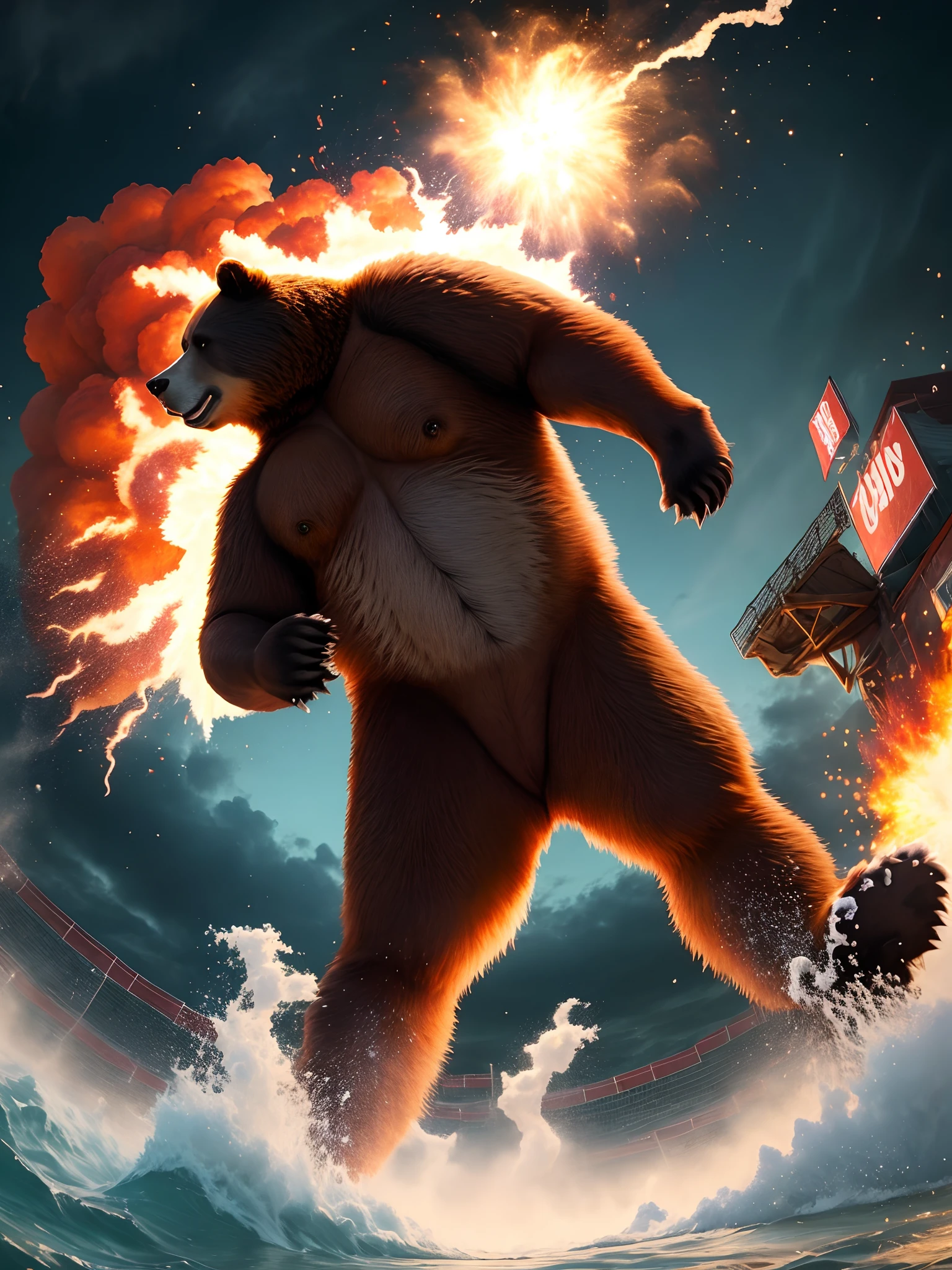 Hyper realistic Wide angle image of a bear slam dunking with an explosion in the background