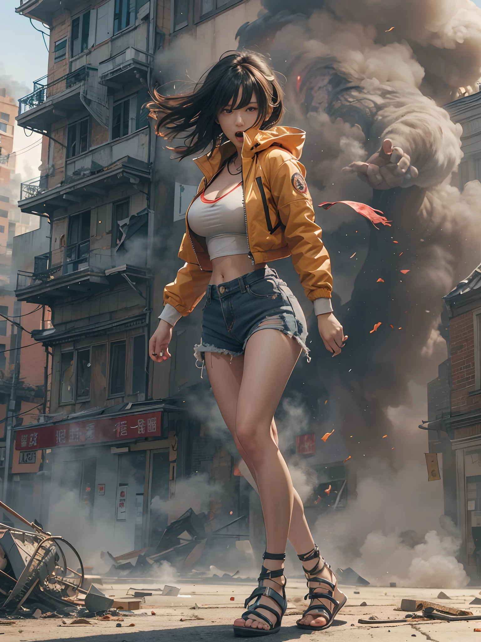 Giant Akari in crop top and jacket, Barefoot, a beauty girl、beautiful countenance、huge tit、beauty legs、well-muscled、athletic bodies, gts city, city buildings, Smoke coming from a broken building, Confront evil black smoke and assimilating monsters、Screaming and fighting、Fighting face、fighting poses