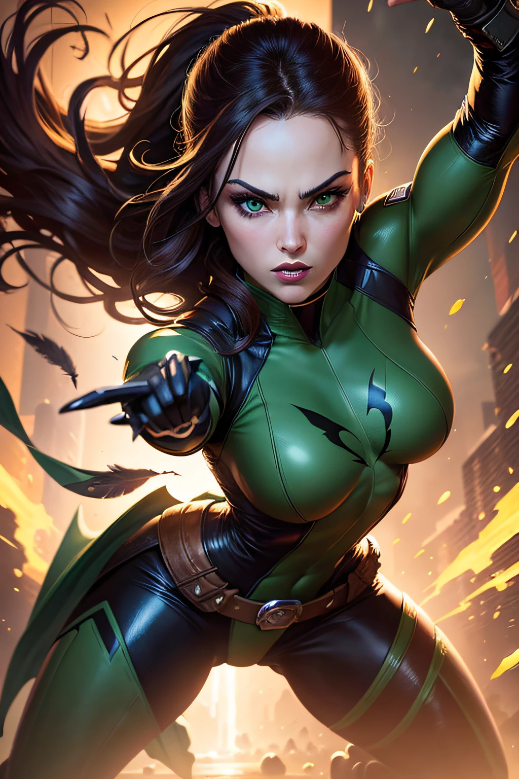 best quality,(J. Scott Campbell:1.1),Rogue,portrait,detailed eyes,detailed lips,determined expression,flowing hair,green eyes,dark lipstick,fitting costume,leather jacket,tough and strong body,fierce character,theatrical lighting,action pose,powerful stance,mutant powers,captivating gaze,flying hair,touch of darkness,feathers,superhero,sassy attitude,sunlit background,vibrant colors,comic book style,sharp focus,high contrast,heroine,beautiful illustration