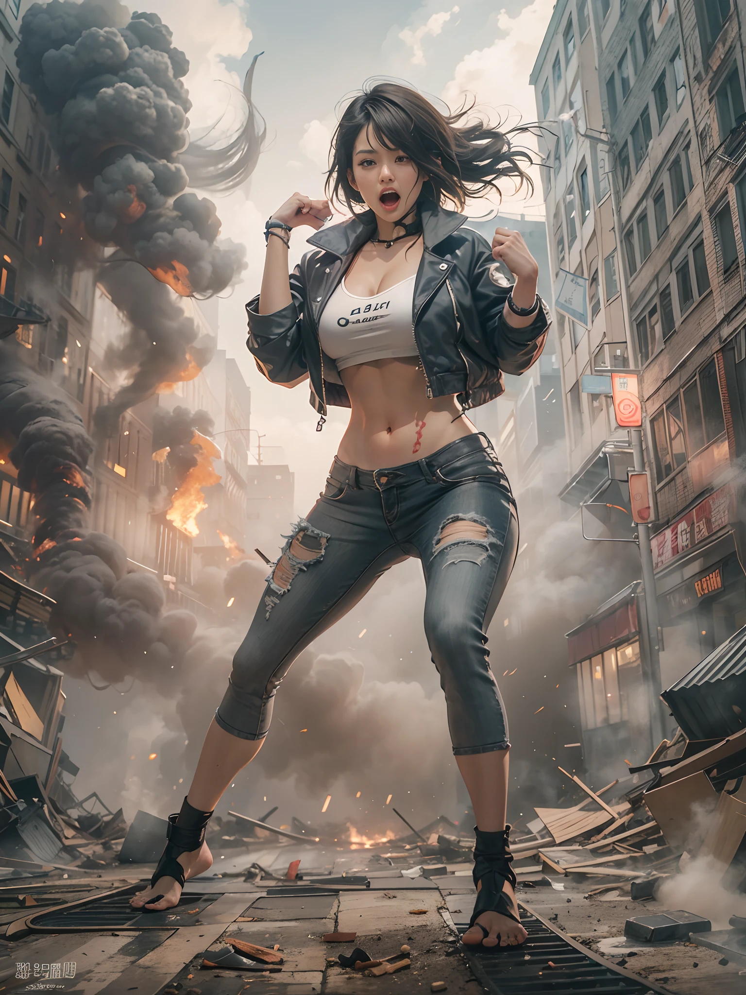 Giant Akari in crop top and jacket, Barefoot, a beauty girl、beautiful countenance、huge tit、beauty legs、well-muscled、athletic bodies, gts city, city buildings, Smoke coming from a broken building, Confront evil black smoke and assimilating monsters、Screaming and fighting、Fighting face、fighting poses