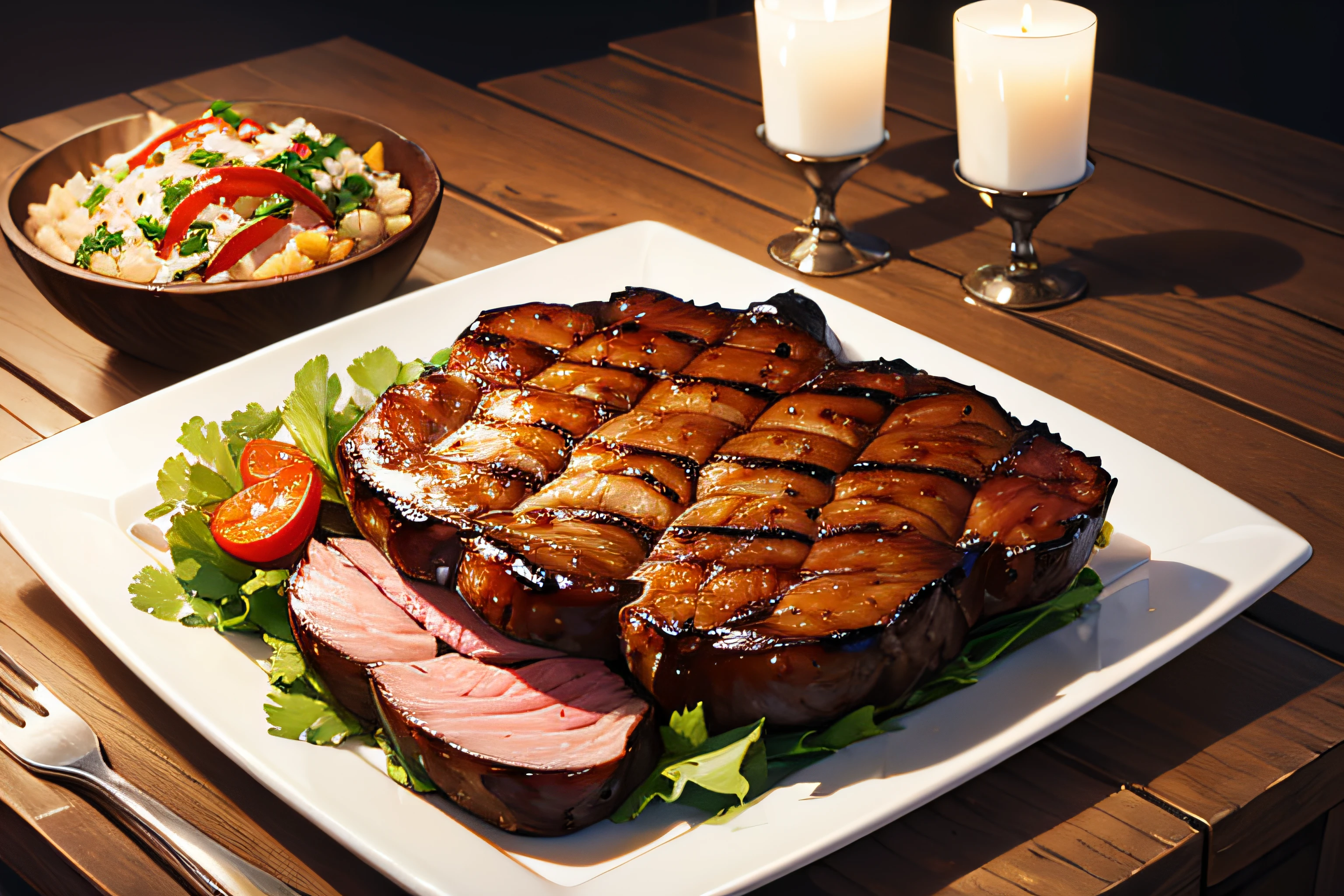 ((Masterpiece)), ((Best quality)), A sumptuous gourmet grilled meat, served on a rustic wooden table.