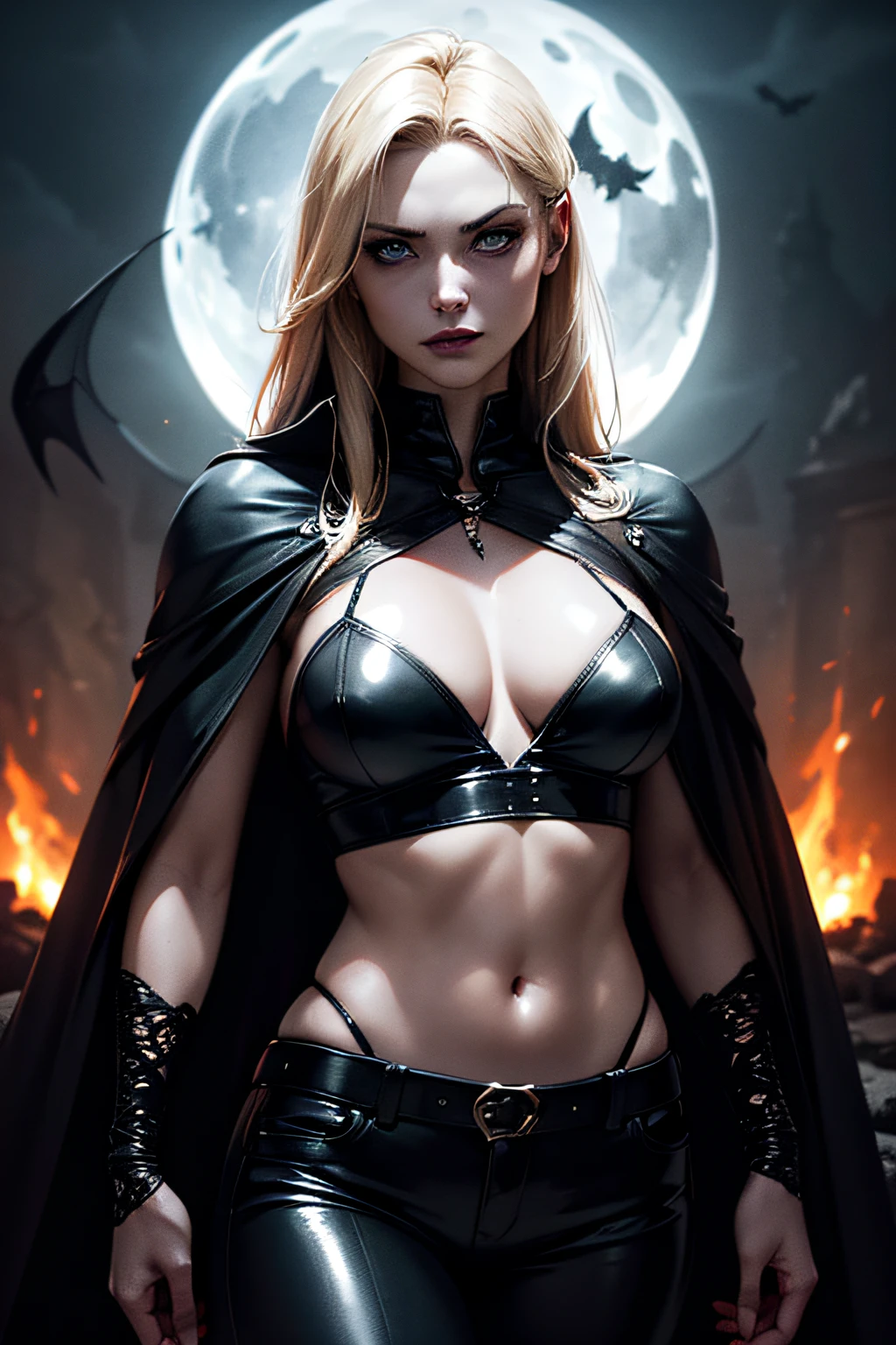(best quality,ultra-detailed,realistic:1.37), dark and gothic atmosphere, eerie lighting, fangs glistening in the moonlight, seductive and mysterious expression, bright blue eyes, blonde hair, halter top, leather pants, blood on clothes, blood on body, pale complexion, flowing cape, burning city in the background, bats flying in the sky, dark red color palette, chilling and dramatic ambiance, hauntingly beautiful.