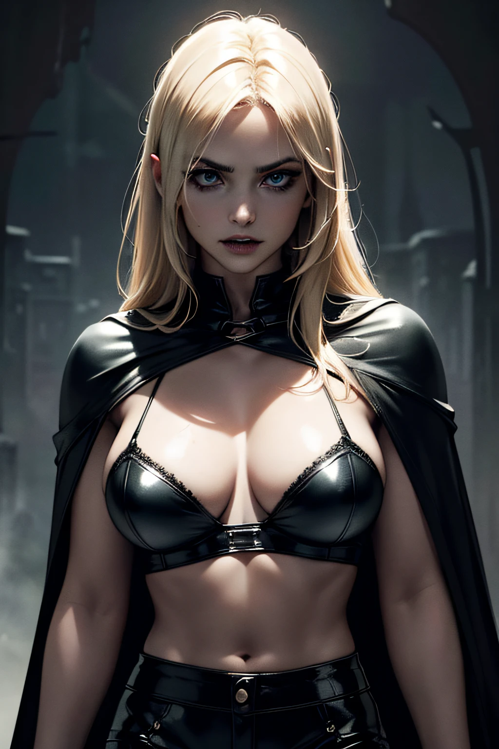(best quality,ultra-detailed,realistic:1.37), dark and gothic atmosphere, eerie lighting, fangs glistening in the moonlight, seductive and mysterious expression, bright blue eyes, blonde hair, halter top, leather pants, blood on clothes, blood on body, pale complexion, flowing cape, burning city in the background, bats flying in the sky, dark red color palette, chilling and dramatic ambiance, hauntingly beautiful.