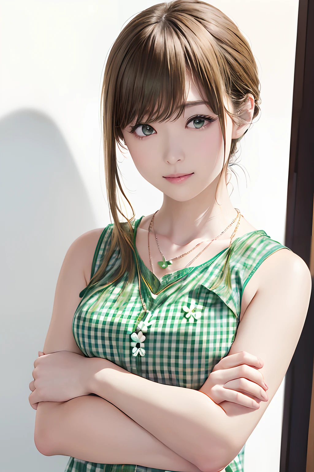 The upper part of the body、Sun slightly above the head、an oil painting、masterpiece、top-quality、hight resolution、Pitch black background、(((Blonde medium hair)))、(((White and green gingham plaid shirt)))、White and green sleeveless shirt、(((Clothes with an open neck)))、(((Arms folded in front of the chest)))、(((white and green clothing)))、(((You can see the chest)))、Straight face、(((25 years old women1a person)))、(((Clover Necklace)))、(((Arms in front of the body)))