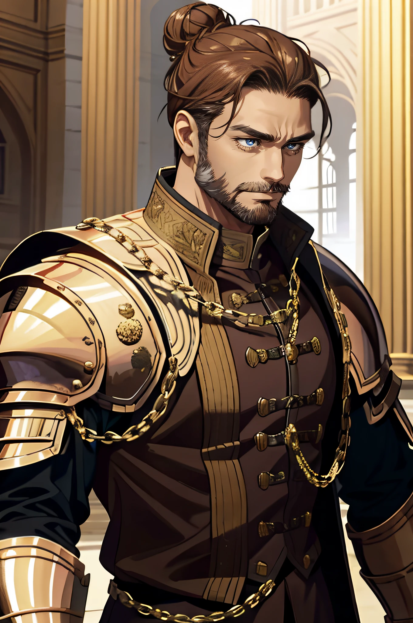 detailed 40-year-old man face, full beard, realistic anime eyes, no emotions, strong, powerful