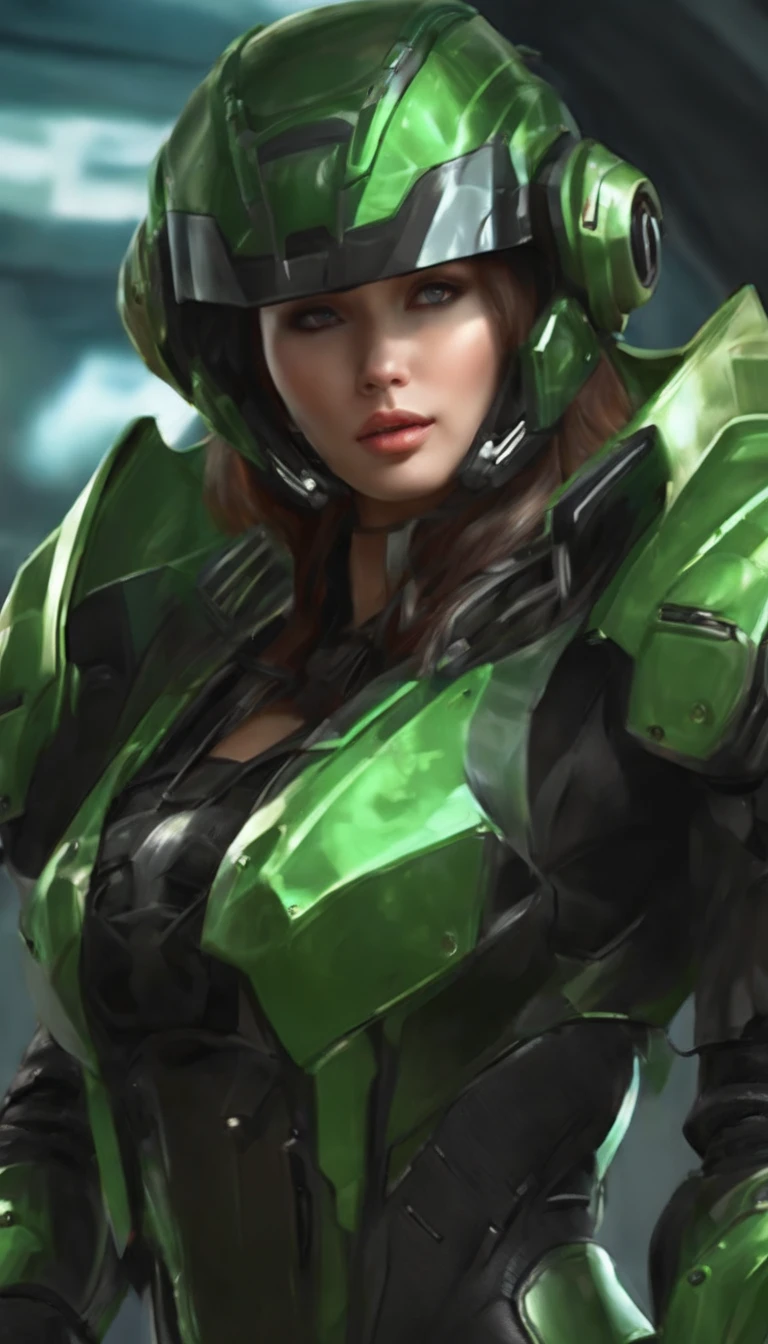 Highest image quality, outstanding details, ultra-high resolution, (realism: 1.4), the best illustration, favor details, highly condensed 1girl, with a delicate and beautiful face, dressed in a black and green mecha, wearing a mecha helmet, holding a directional controller, riding on a motorcycle, the background is a high-tech lighting scene of the future city.