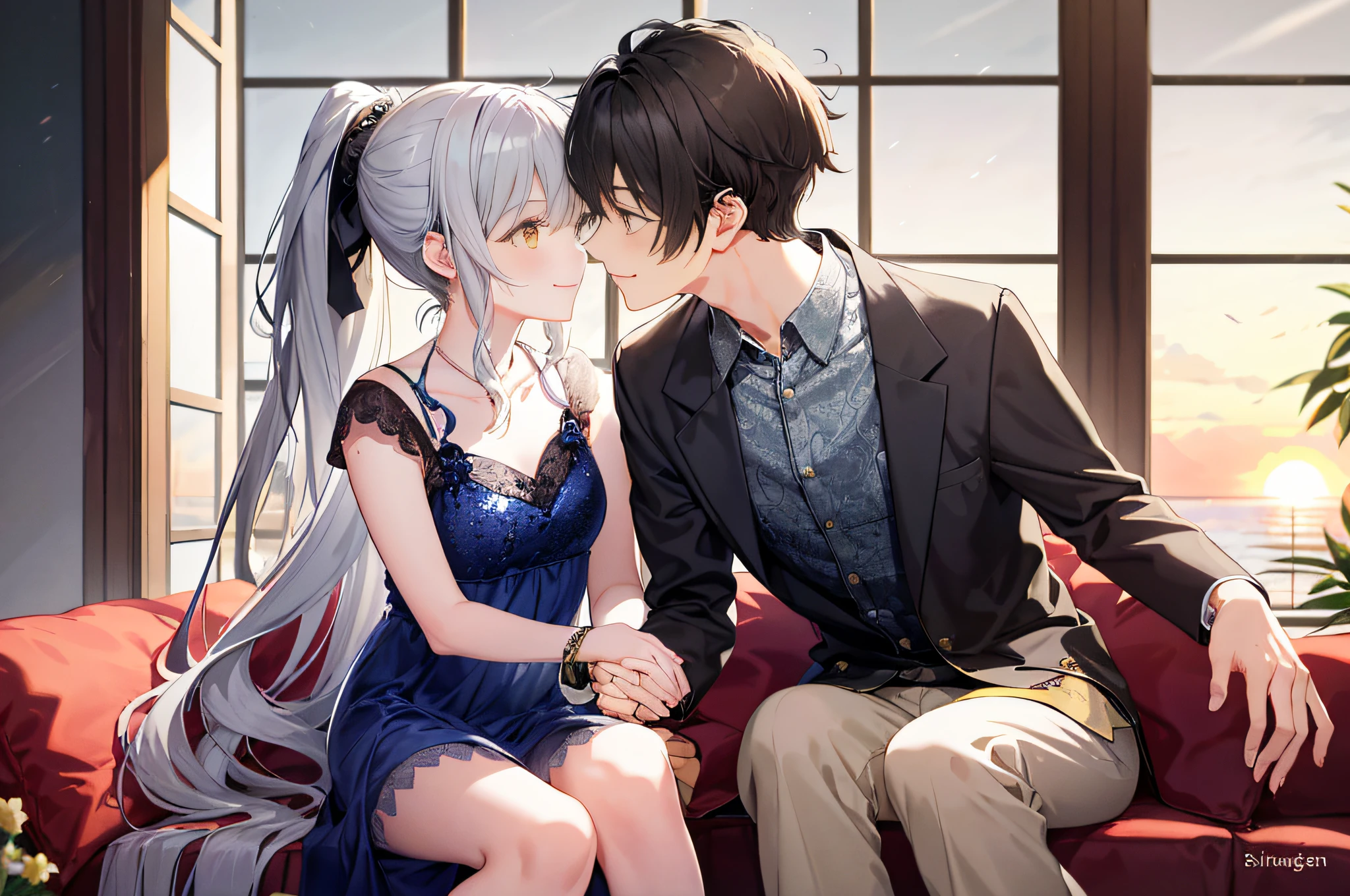 1 brown-eyed male boy with short black hair in full spring suit and 1 long curly and messy wavy silver hair high ponytail yellow eyes writhing girl in full spring dress juliet long slevess smiling, (Boy with girl smiling), (Boy with girl smiling and loviling)