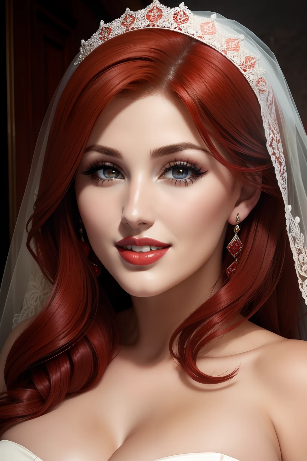 lucy pinder, face portrait, smiling, red hair, curly hair, red lipstick, bride, beautiful lips