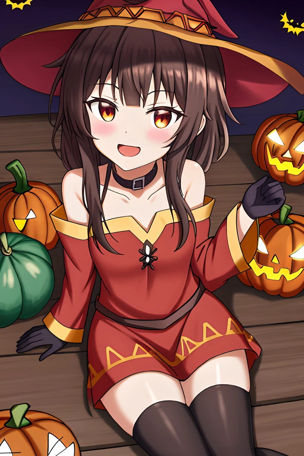 megumin version halloween, fiesta de halloween,sombrero de calabaza, calabazas,disfraz de halloween